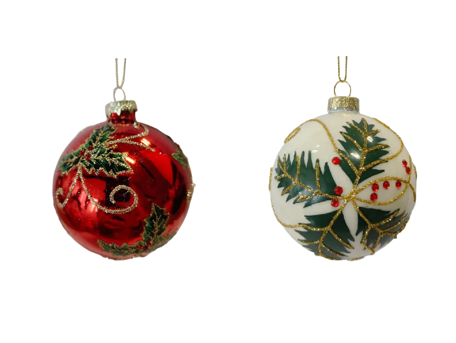 SET OF 2 RED AND WHITE HOLLY BALLS