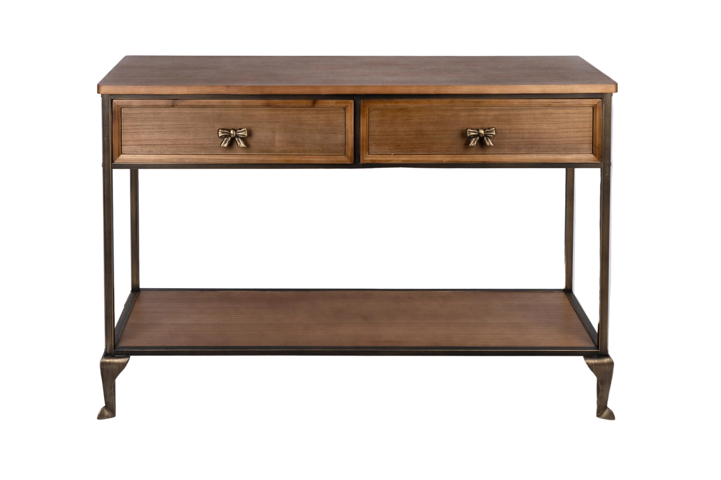 Wooden console table with two drawers and a shelf on a white background