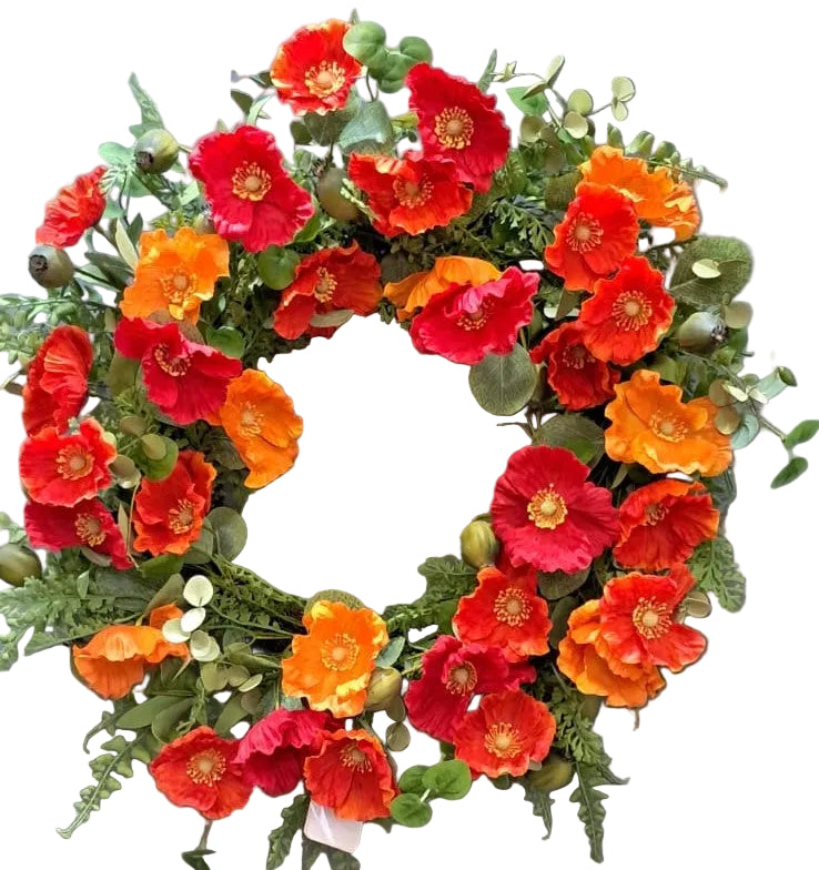 Floral wreath with red and orange flowers on a gray background
