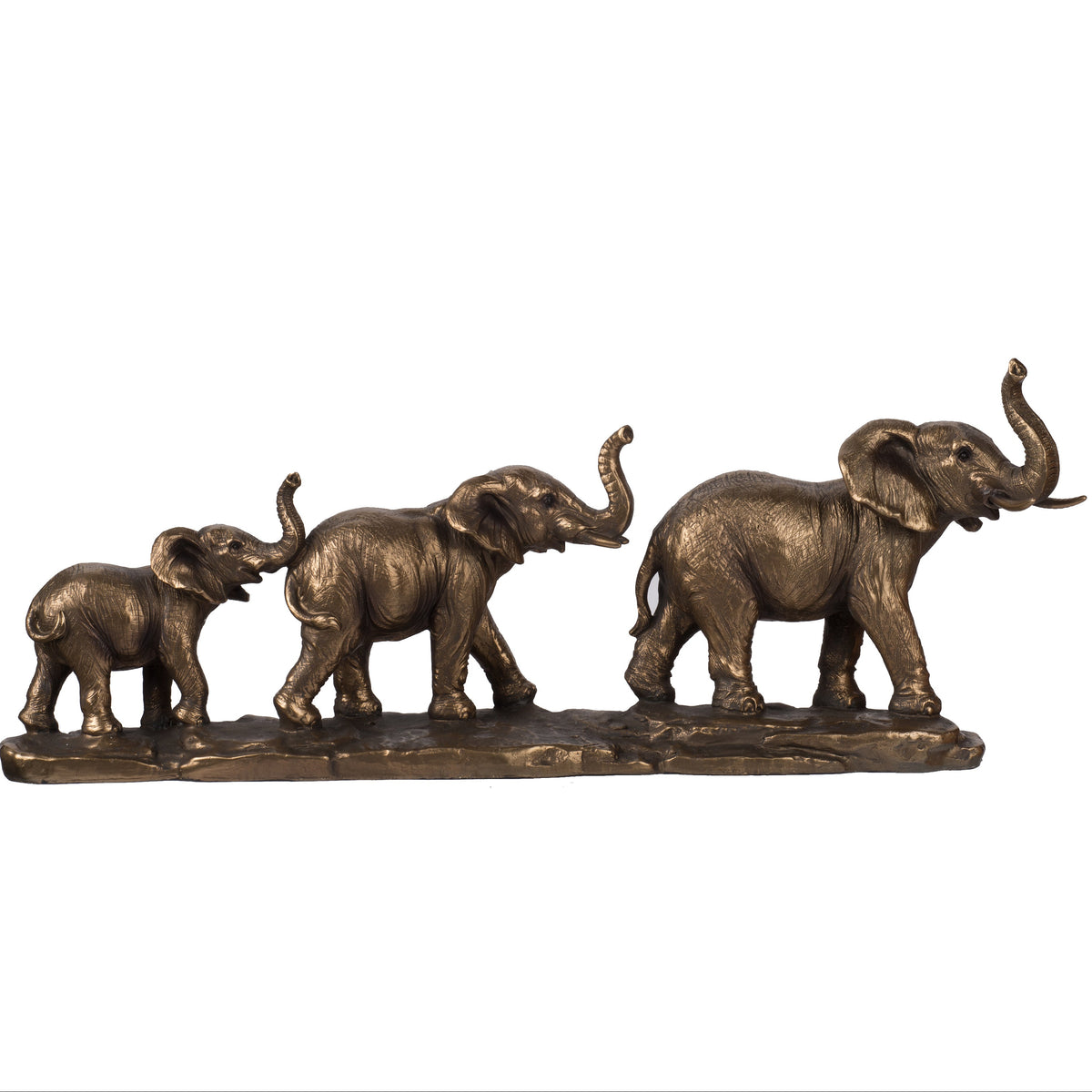 Bronze sculpture of three elephants walking in a line