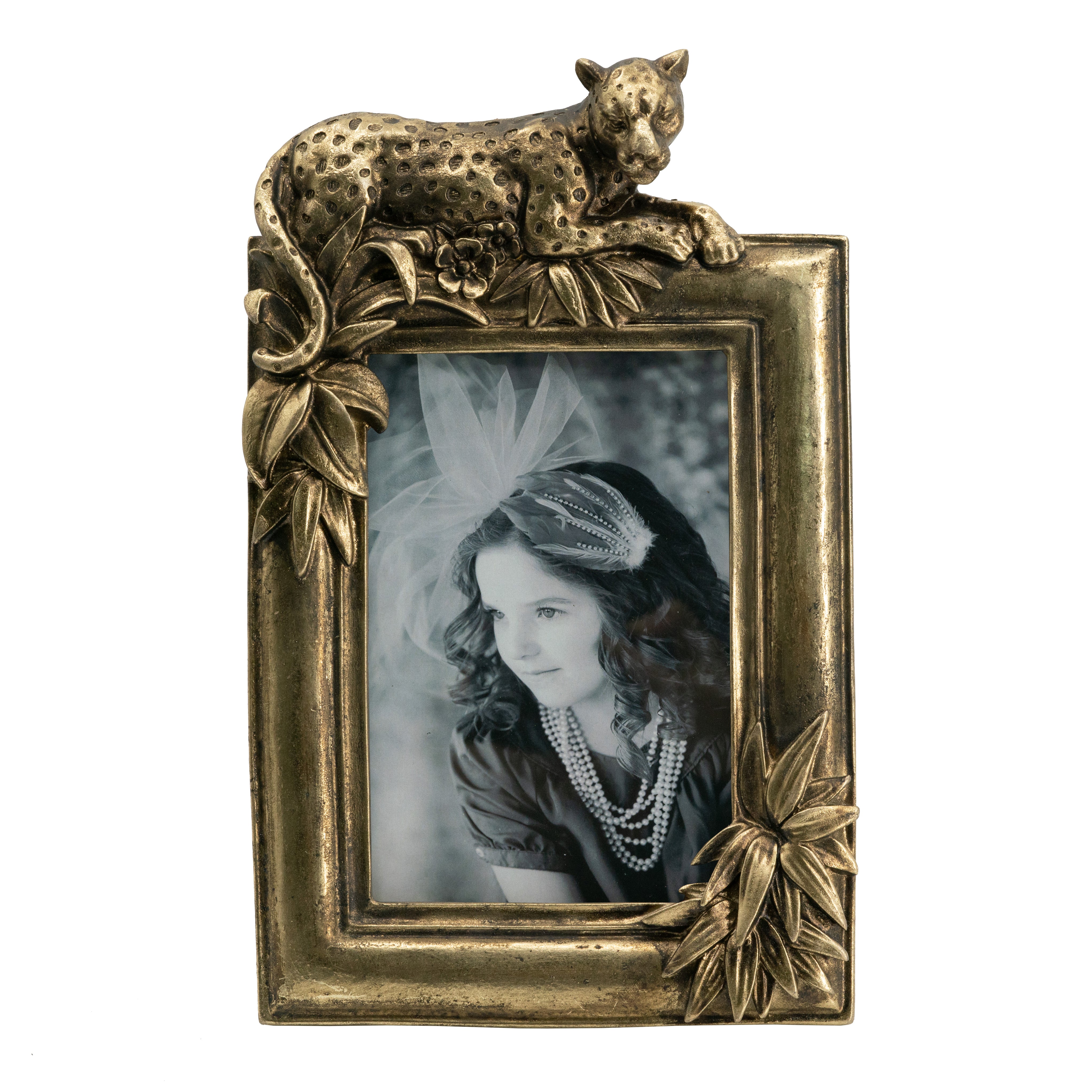 An ornate antique gold picture frame featuring a leopard figurine on top and floral corner details