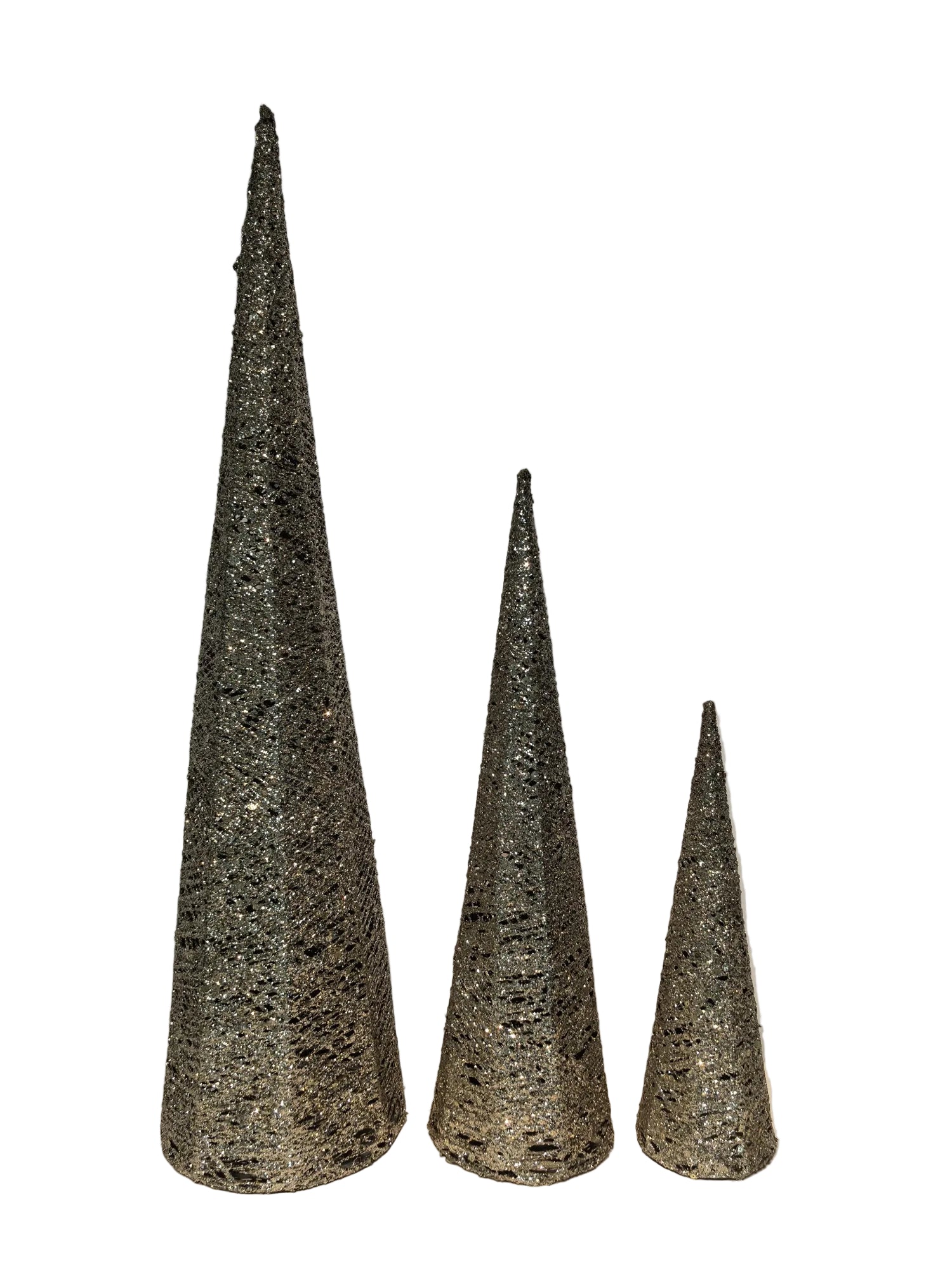Three metallic cone-shaped objects on a neutral background