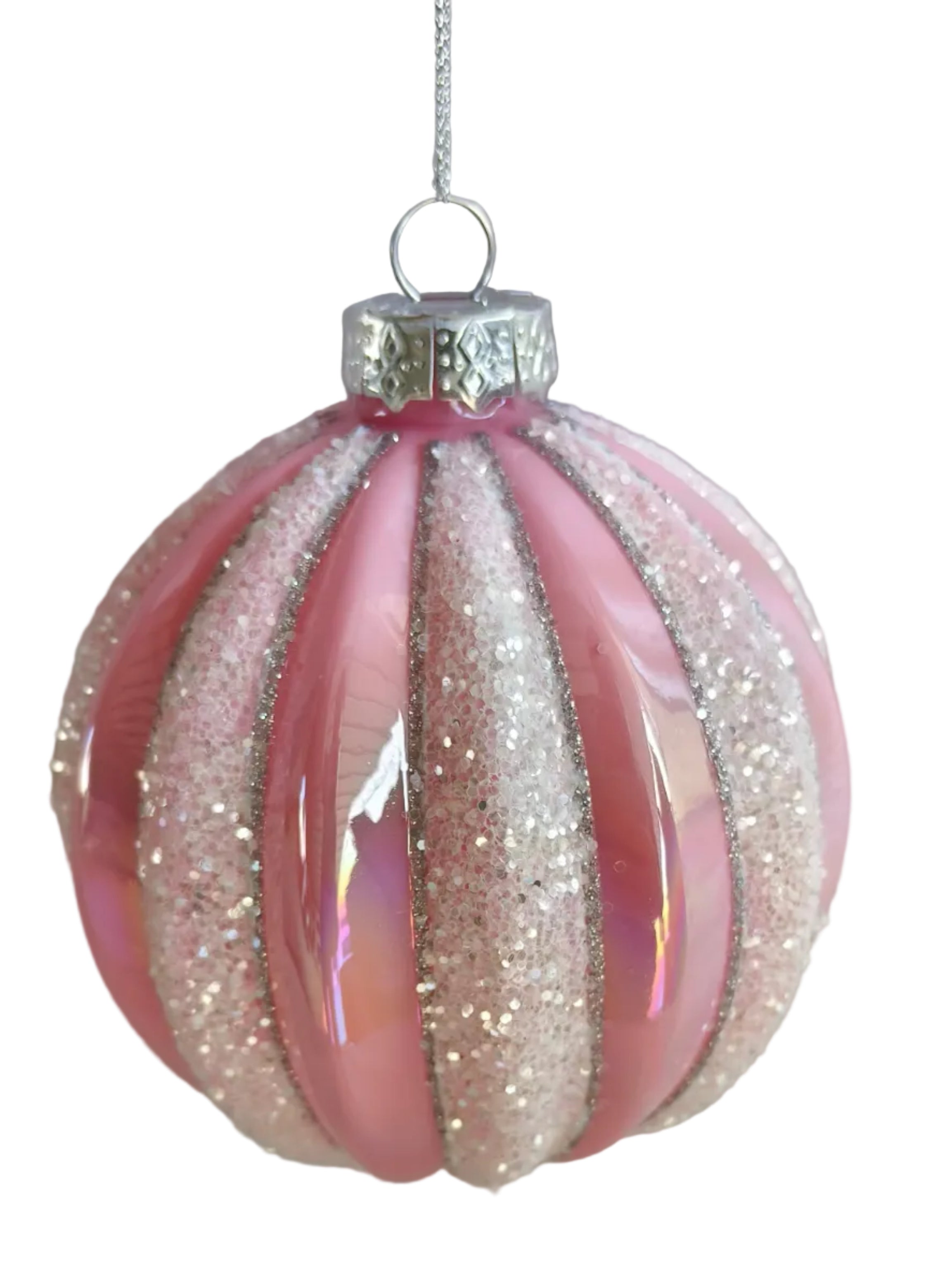 S/2 PINK WHITE GLASS BALLS 10CM