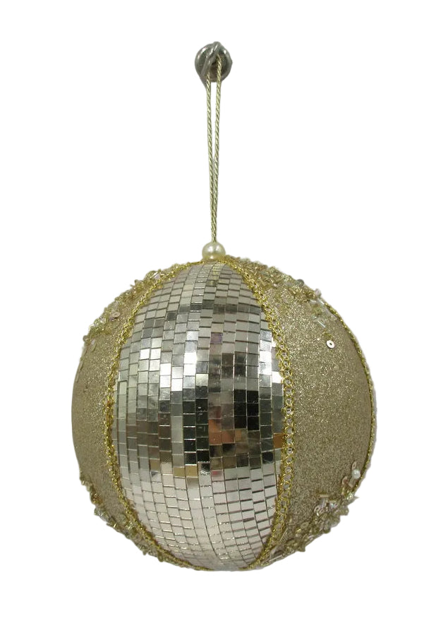 A gold and silver mirrored disco ball Christmas ornament hanging from a gold string.