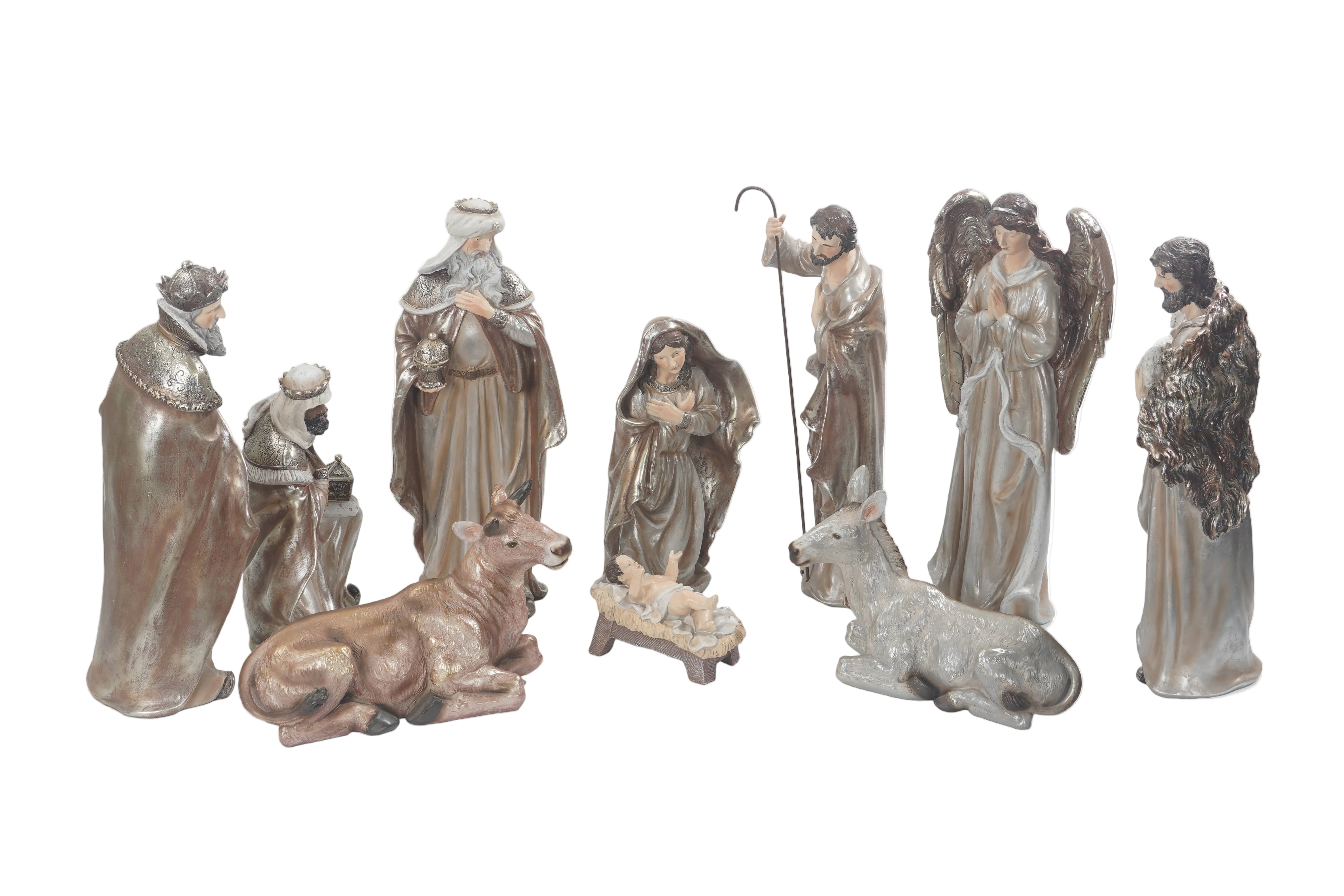 A set of nine hand-painted resin figurines for a Christmas nativity scene, featuring Mary, Joseph, baby Jesus, angels, wise men, shepherds, and animals