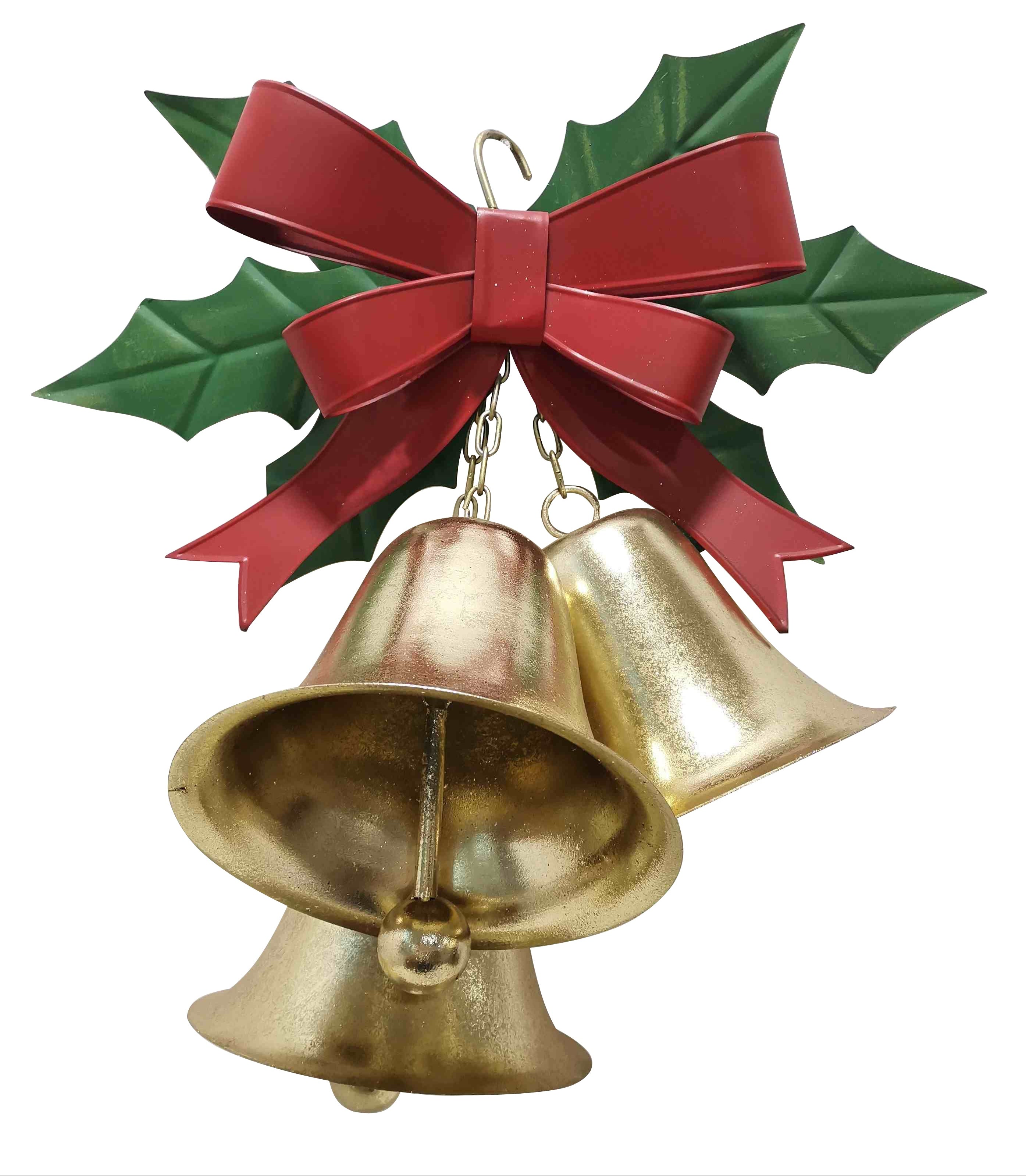 A festive Christmas ornament featuring three gold bells hanging from a red bow and green holly leaves.