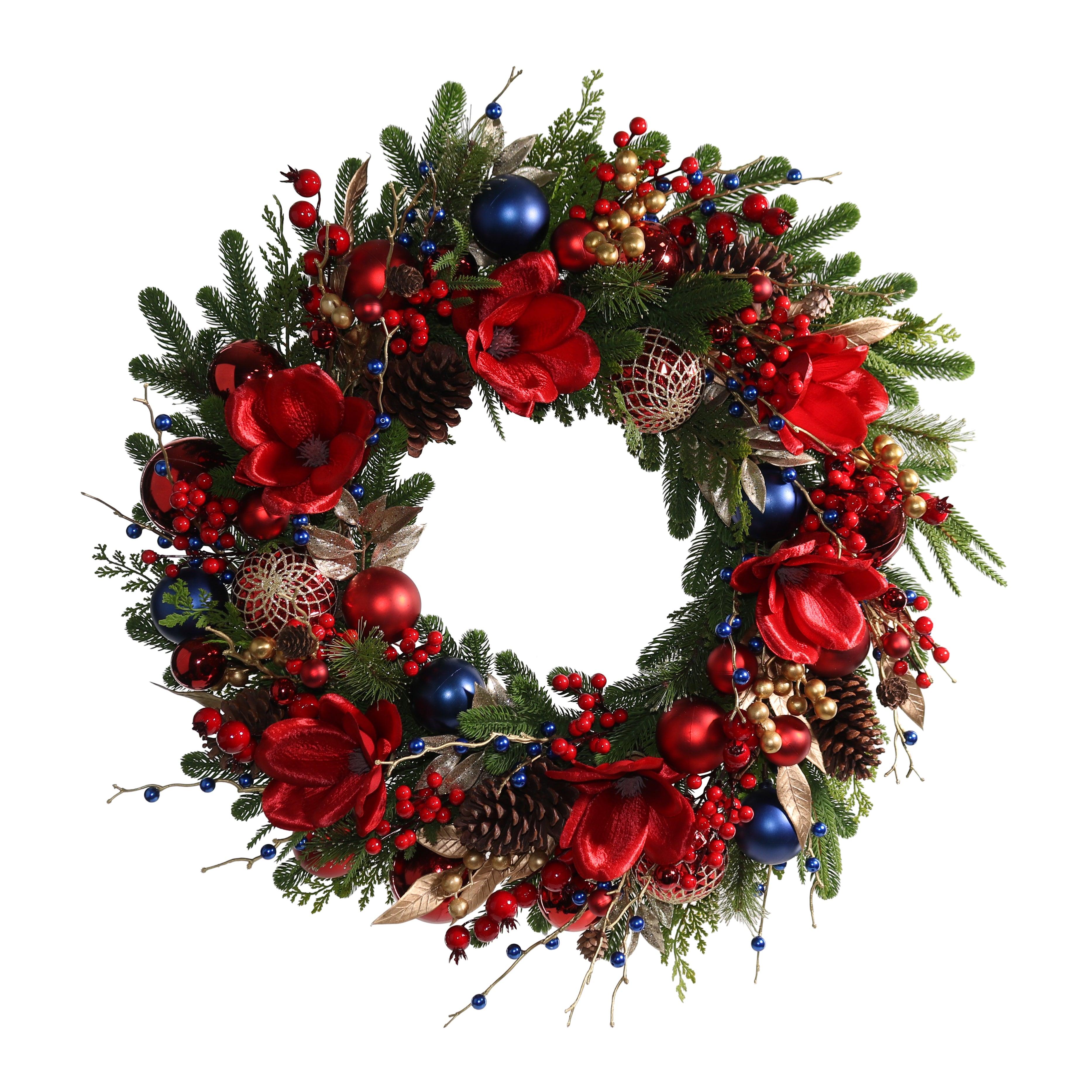 Decorative Christmas wreath with red flowers, blue balls, and gold accents.