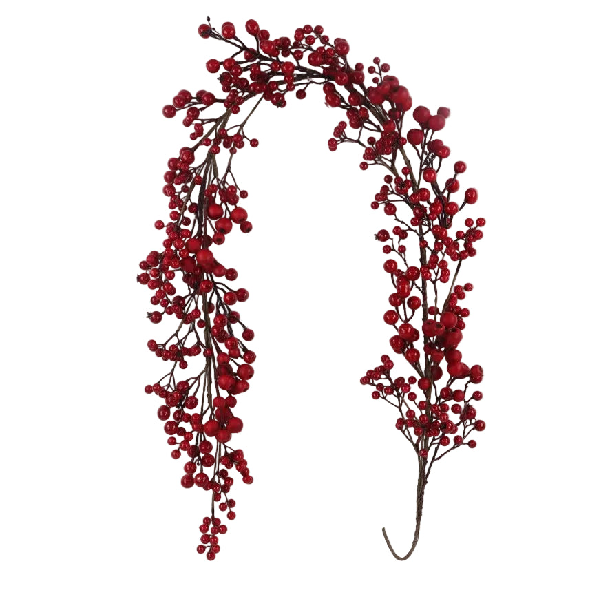 A hanging artificial berry garland with clusters of small red berries on dark brown twigs.
