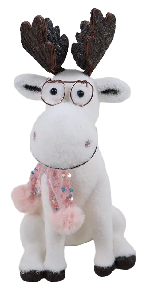 A white sitting elk with glasses and a pink sparkling scarf.