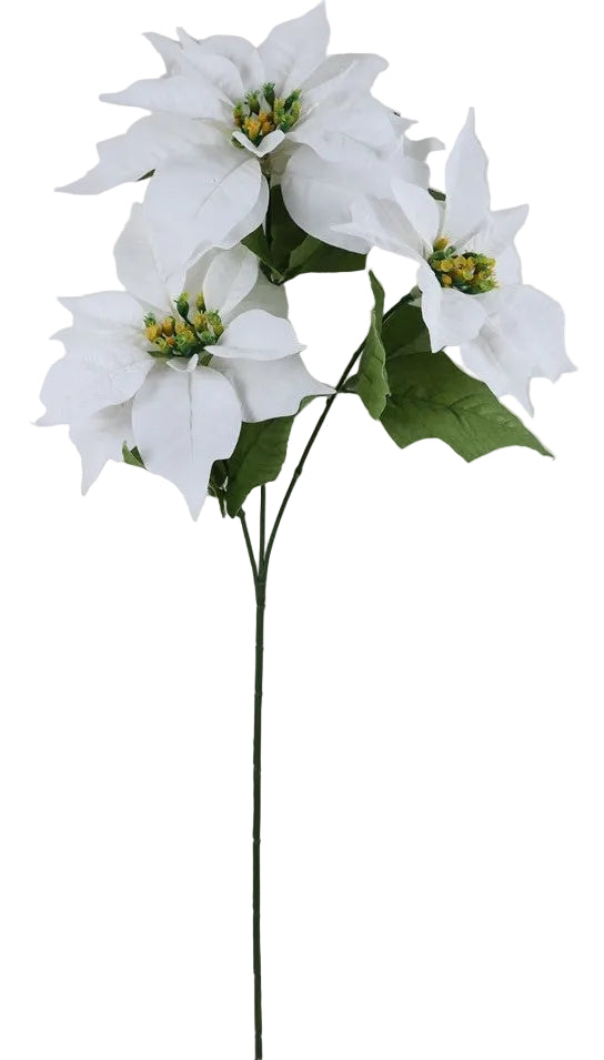 A artificial white poinsettia spray with green leaves and yellow centers on a wire stem.