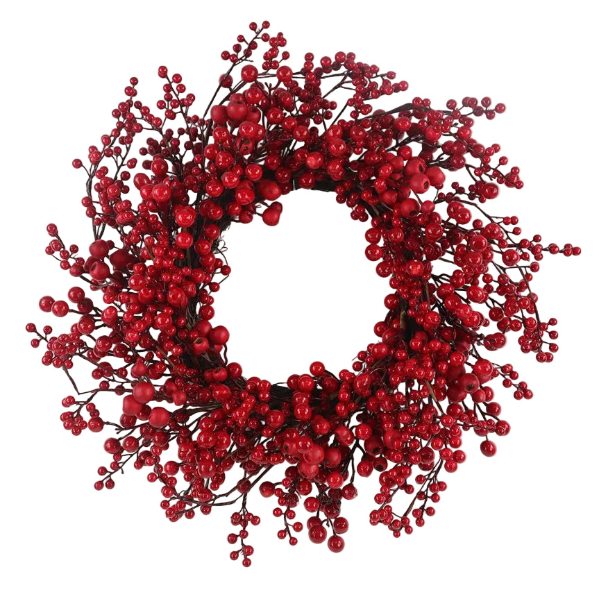 A festive artificial Christmas wreath decorated with glossy red berries on dark brown twigs.