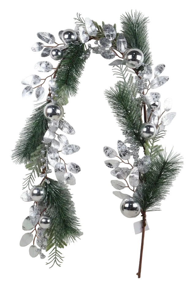 A 5-foot silver leaf garland with silver ornaments and greenery.
