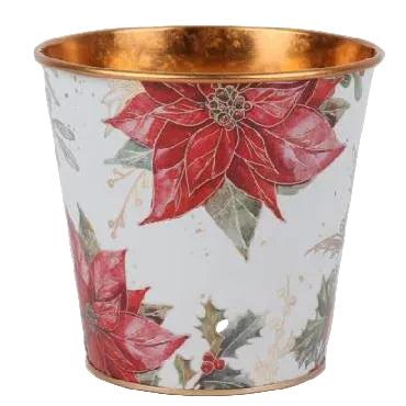 A cylindrical metal pot with a white exterior decorated with red poinsettias and green holly leaves, featuring a metallic gold interior and rim.