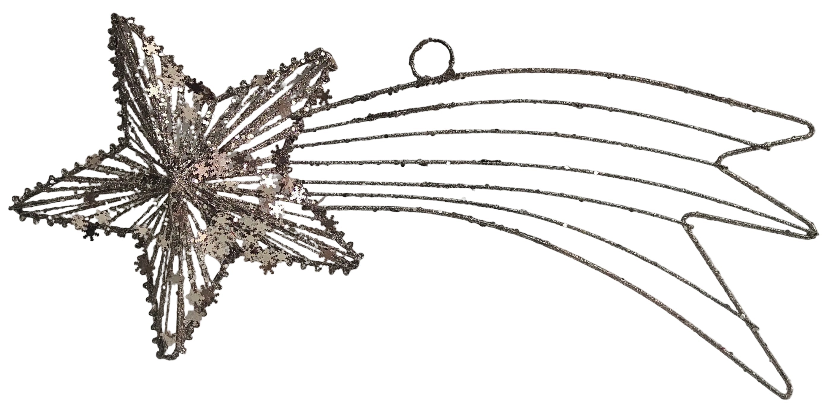 A gold-colored shooting star-shaped ornament with a glittery surface, for holiday display decoration.