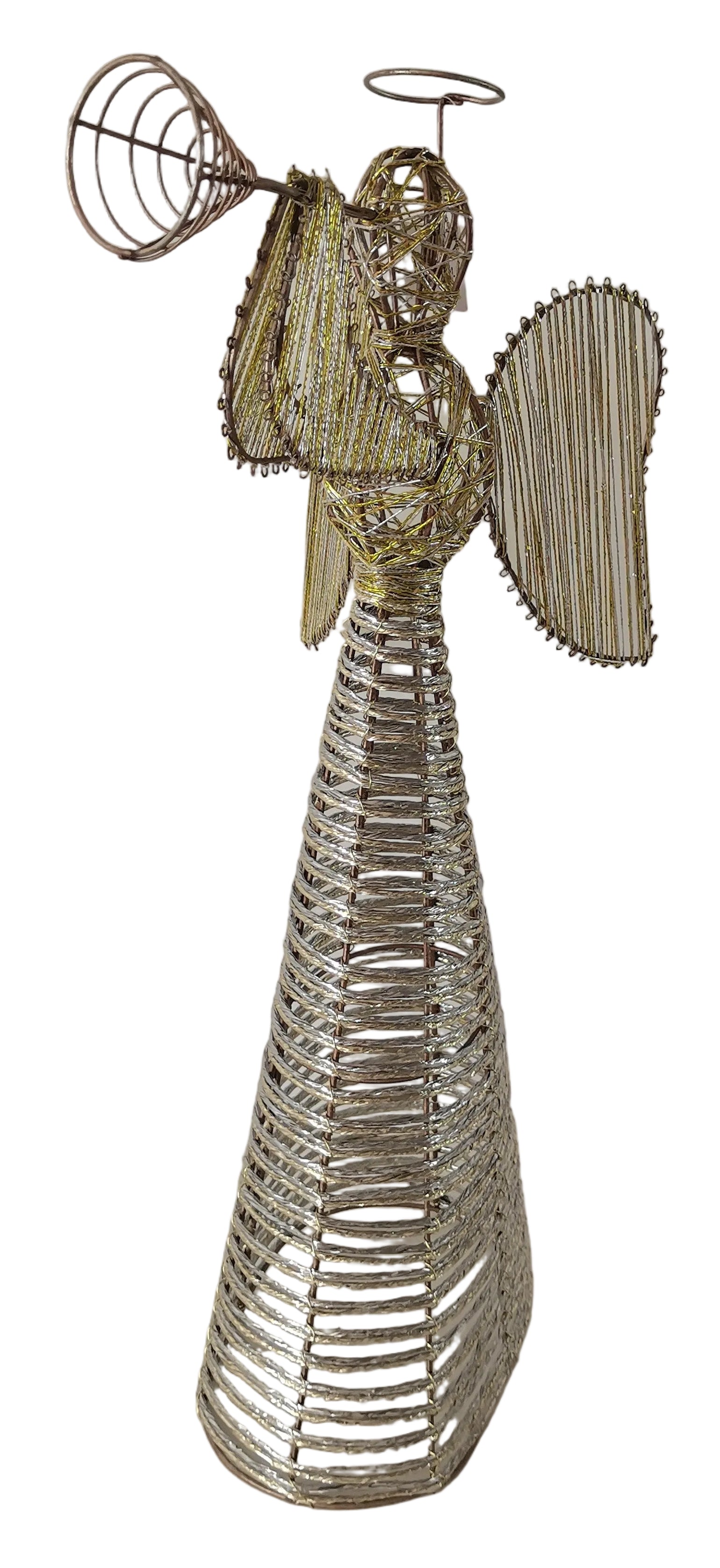 A silver roped angel figurine designed for Christmas display purposes.