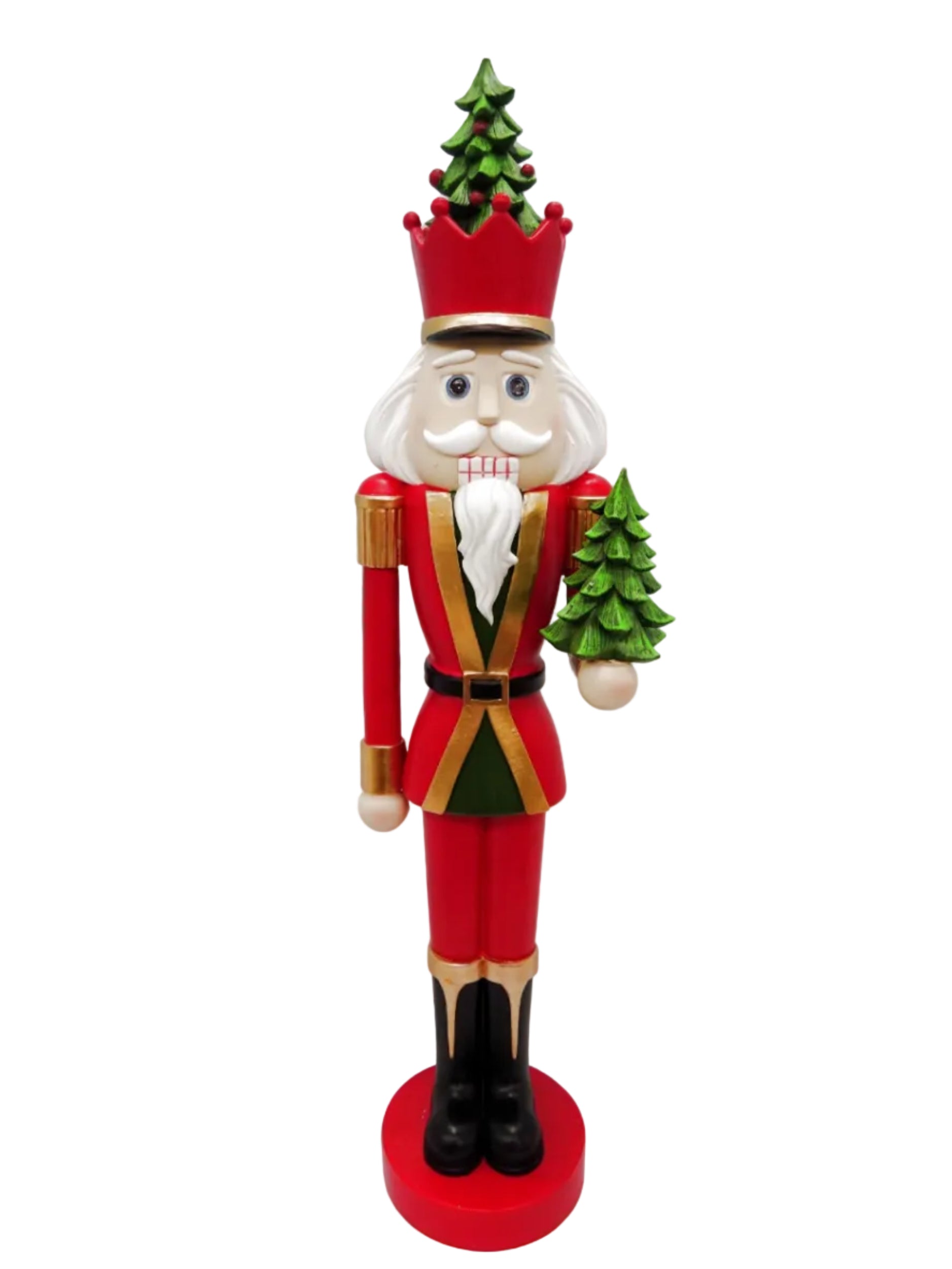 A tall nutcracker figurine dressed in a red jacket with gold trim, holding a green Christmas tree, in black boots and standing on a red circular base.