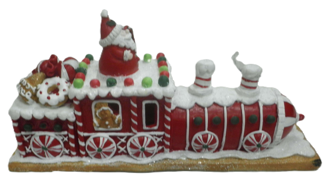A decorative holiday ornament featuring a red and white train with Santa Claus and a gingerbread man.