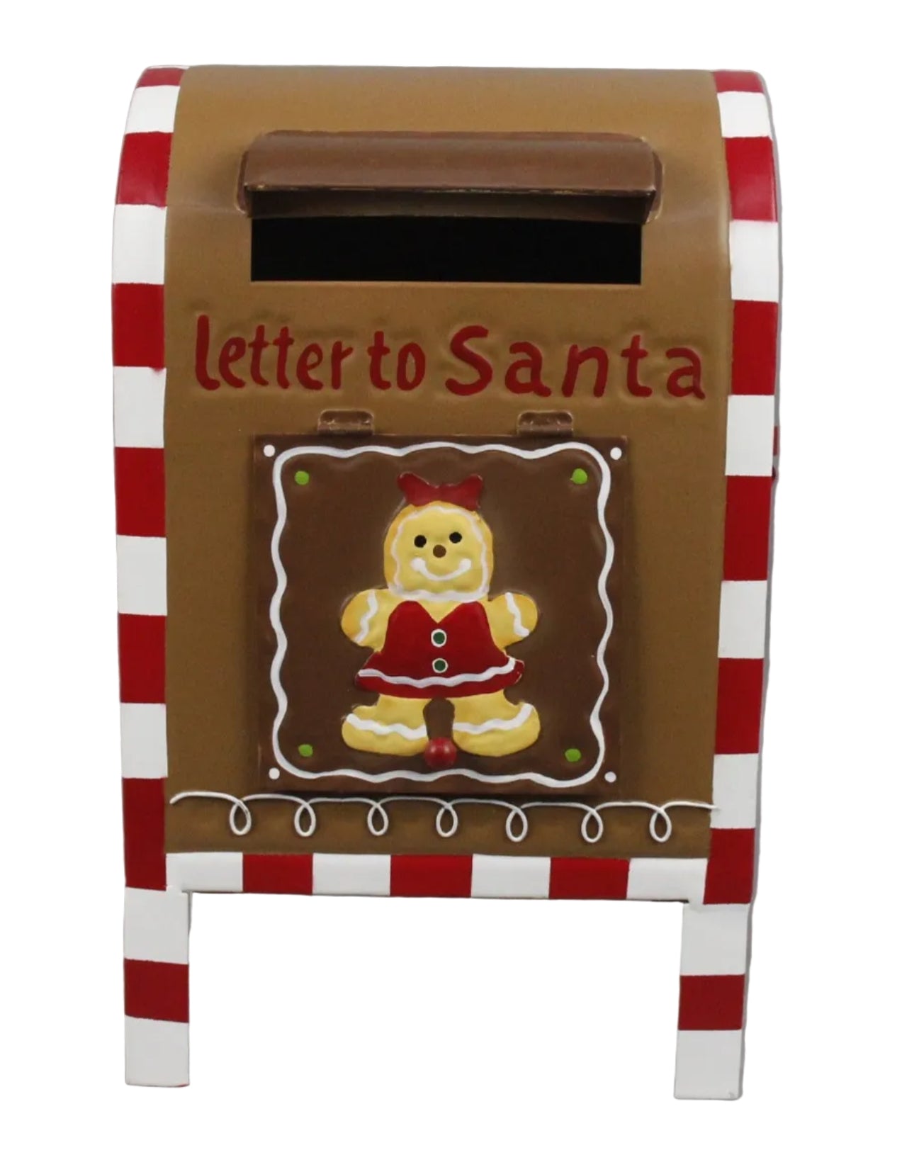 A decorative mailbox featuring a gingerbread girl with 'Letter to Santa' text, set against a red and white striped background.
