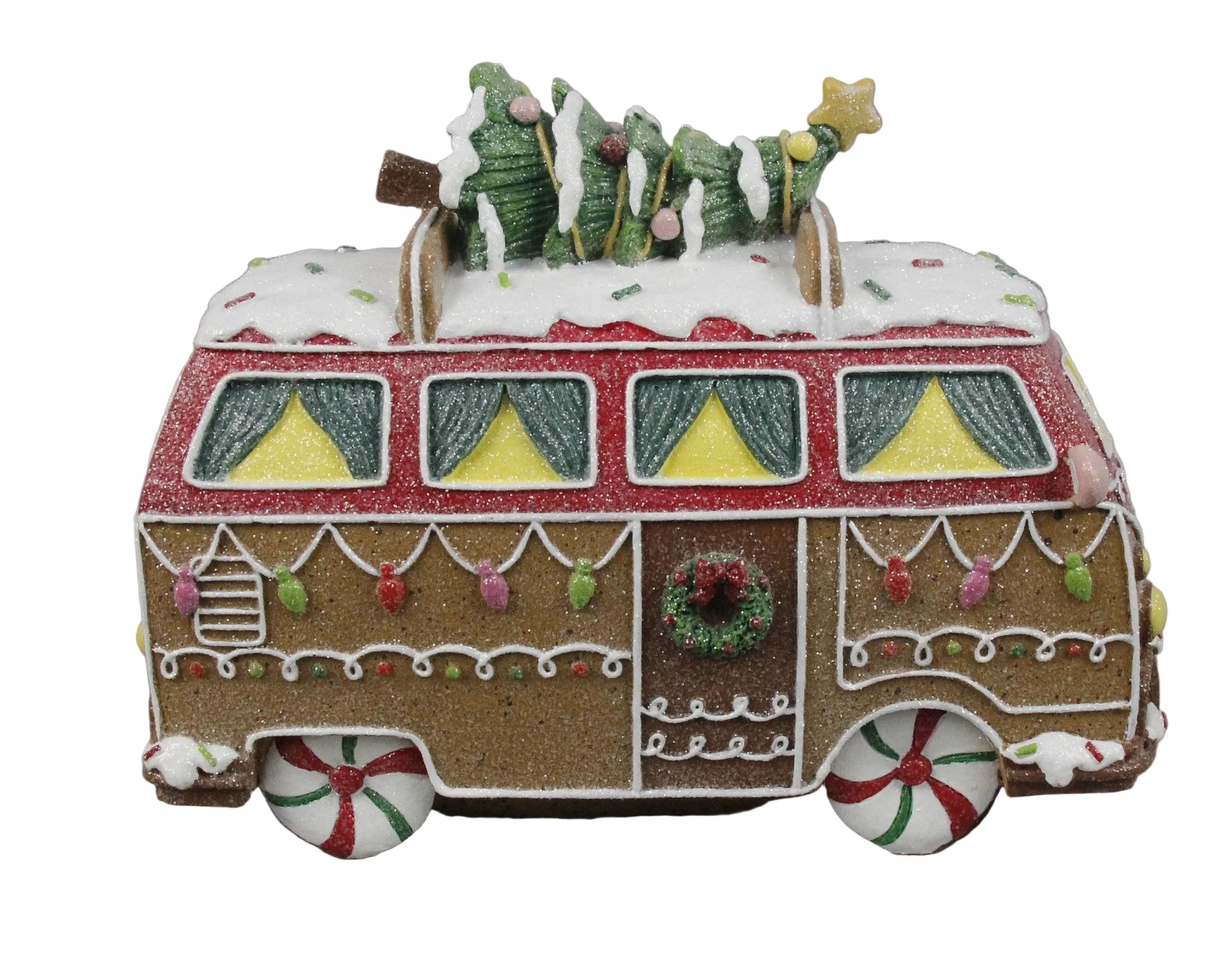 A decorative gingerbread caravan ornament with Christmas decorations and a festive design.