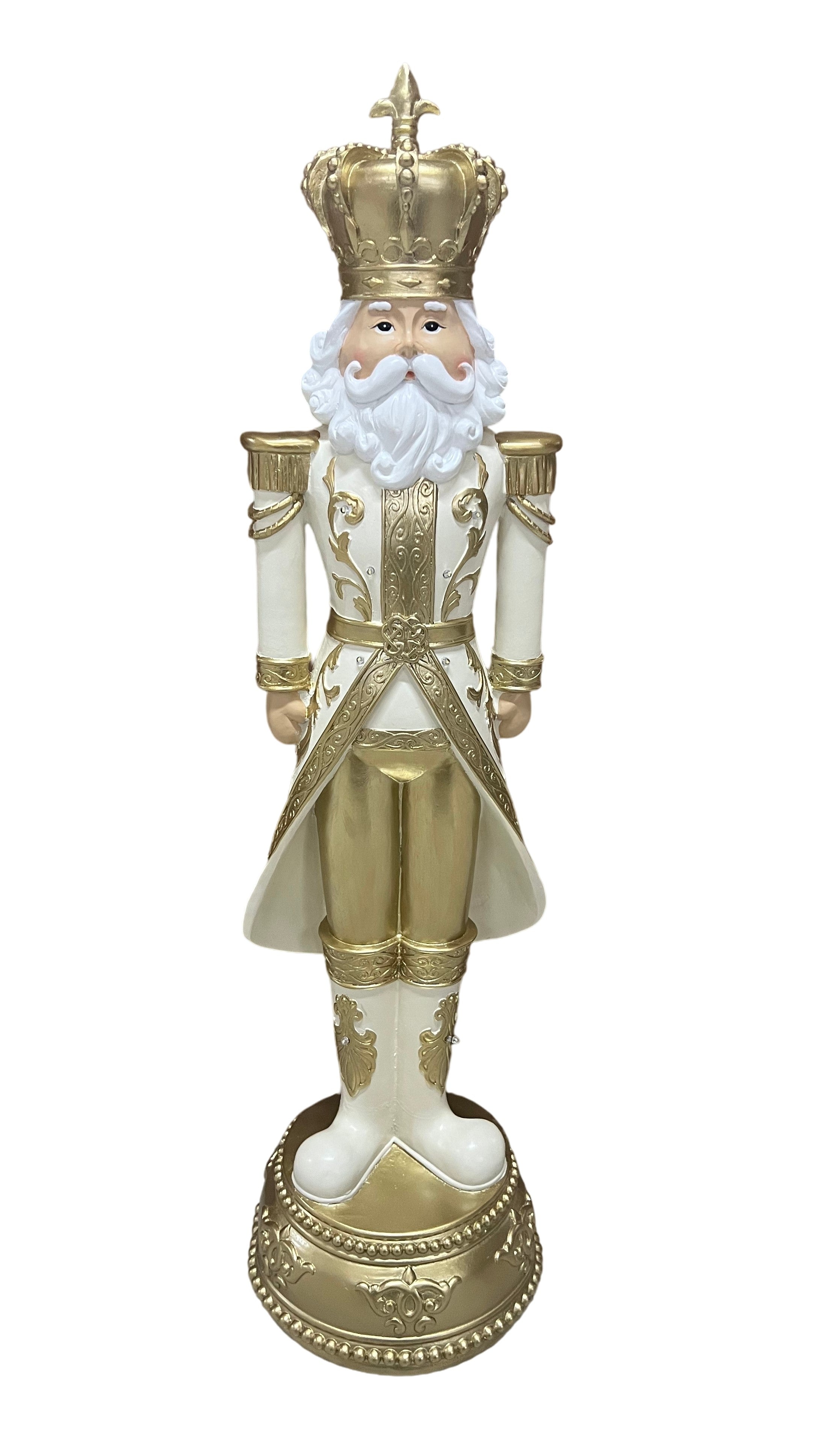 A gold and white Christmas nutcracker figurine standing on a gold decorative base.