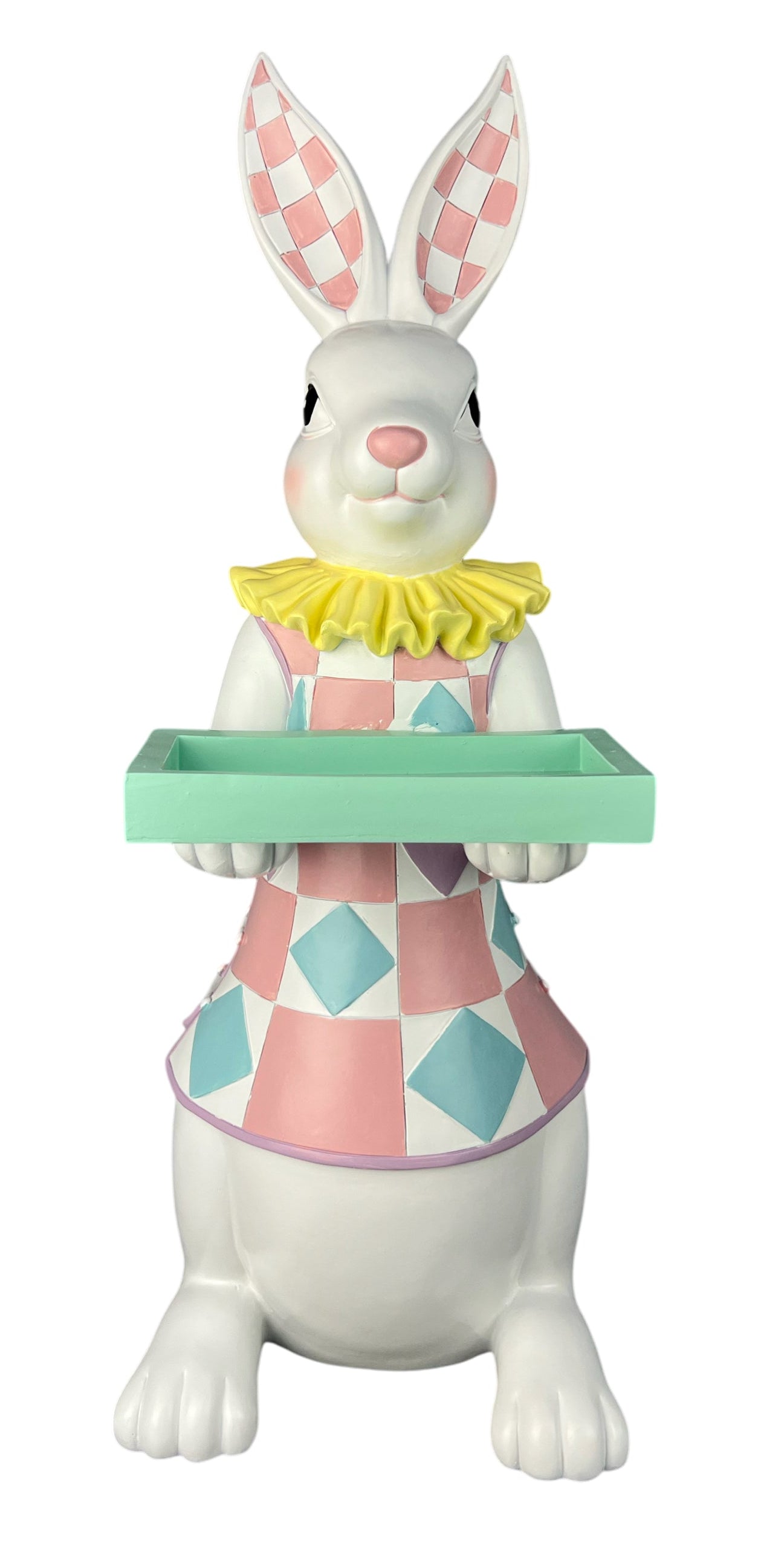 A white rabbit figurine wearing a pink, light blue, and white harlequin patterned apron with a yellow ruffled collar, holding a mint green tray.