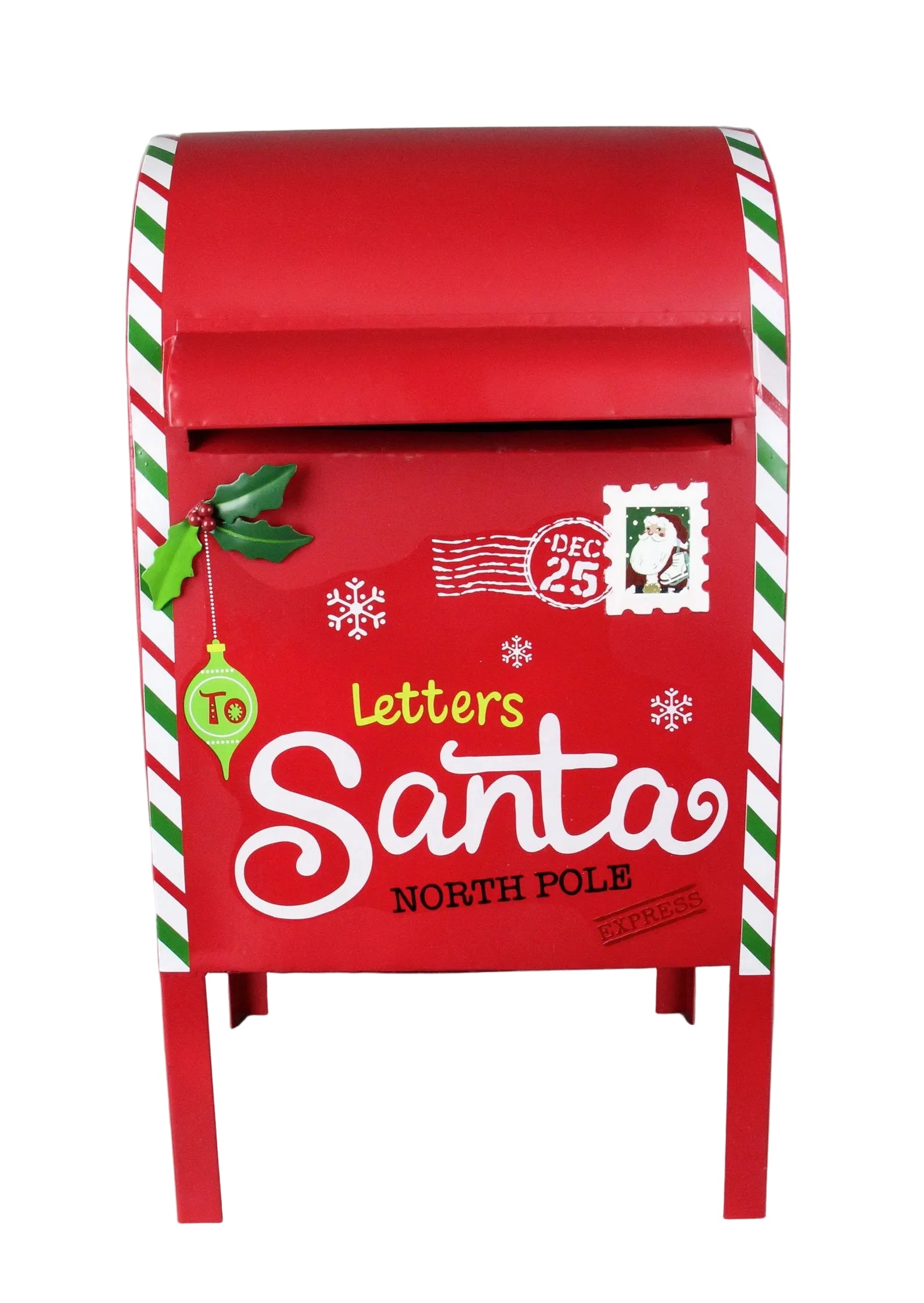 A red and white post box designed with Christmas-themed decorations and text reading 'Letters Santa North Pole'.
