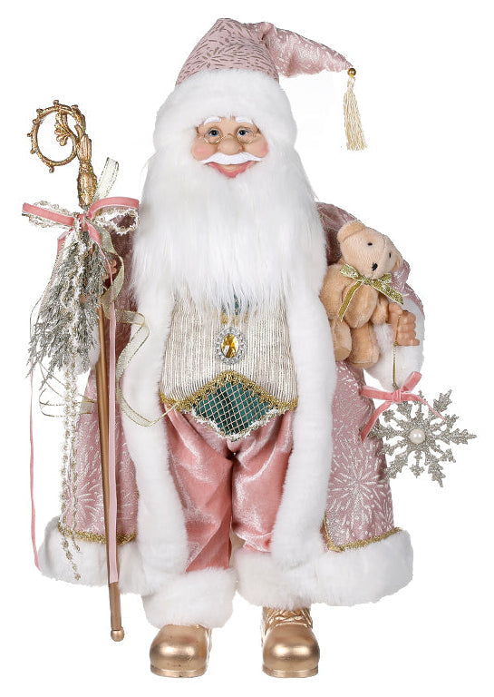 A 60 cm tall pink Santa Claus figurine with a snowflake pattern on his coat, holding a golden staff and a plush teddy bear.