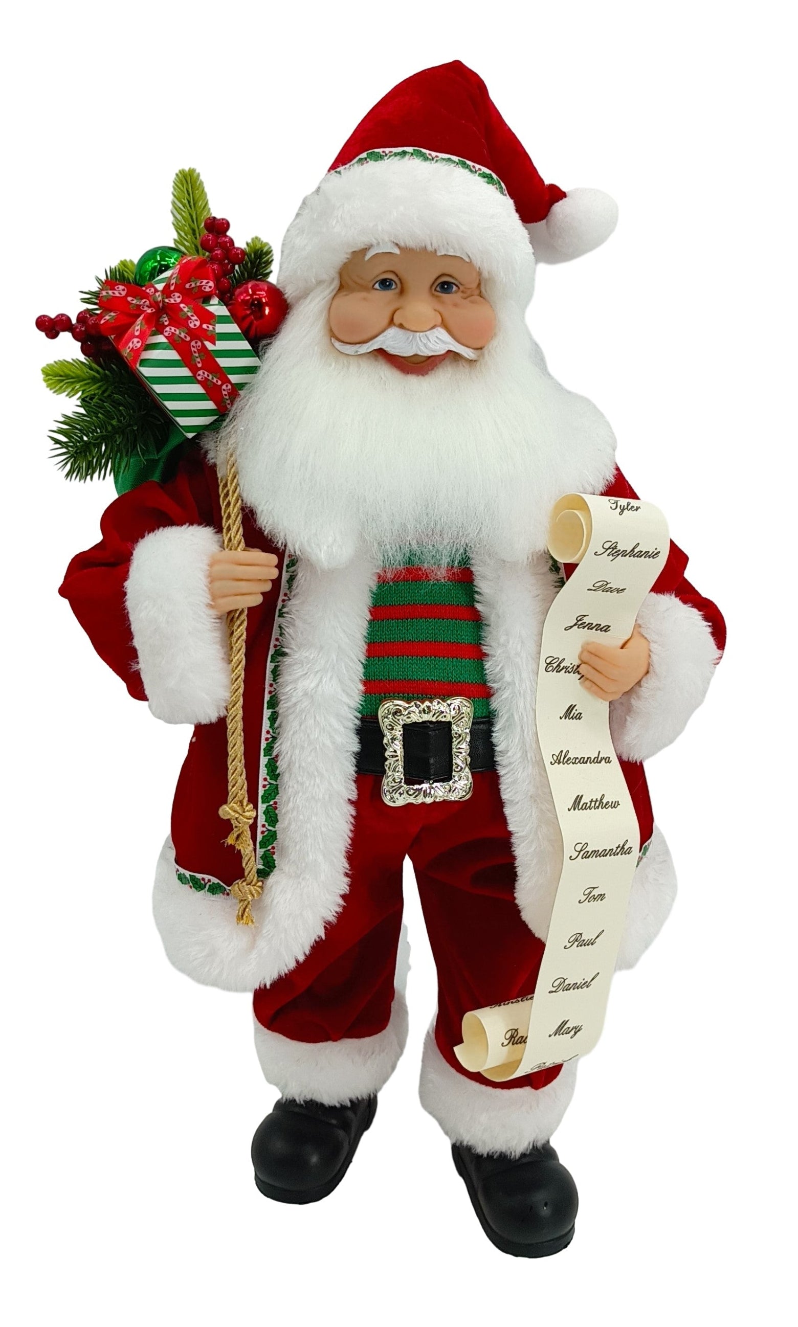 A 40cm tall figurine of Santa Claus in red and white color, holding a Christmas bag with presents and a list.
