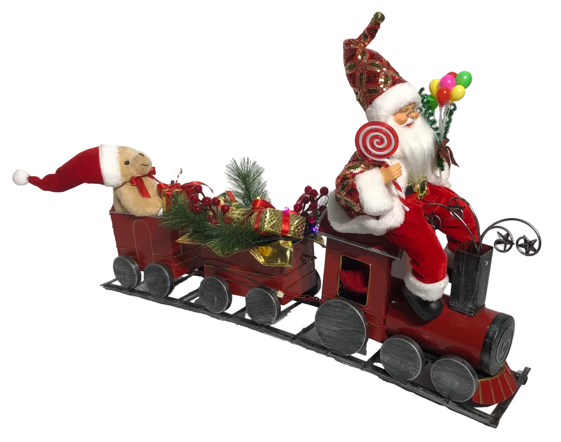 A decorative figurine of Santa Claus sitting on a red toy train with Christmas-themed embellishments, including lights and music.