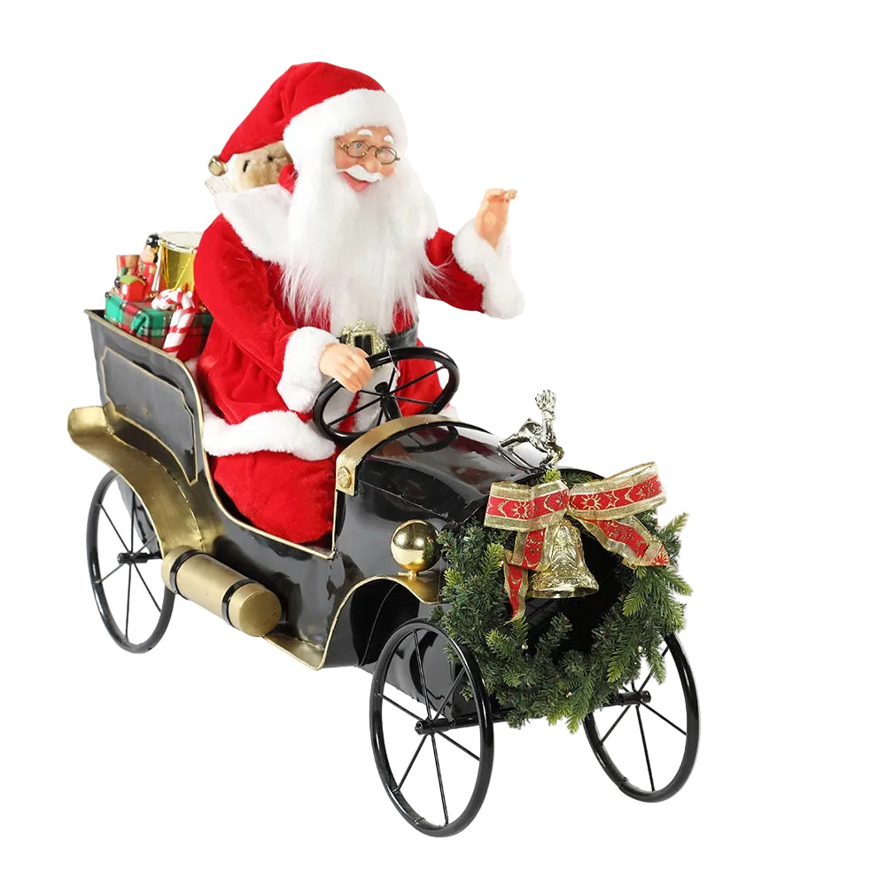 A 42cm tall figurine of Santa Claus sitting in a car with music and lights, decorated with a Christmas tree and gifts.
Size: 80x35x60cm
Lights / Music / Animated