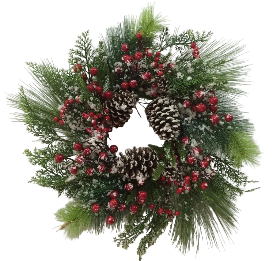 A frosted berry wreath featuring green leaves and red berries with white pine cones, designed for Christmas decoration.