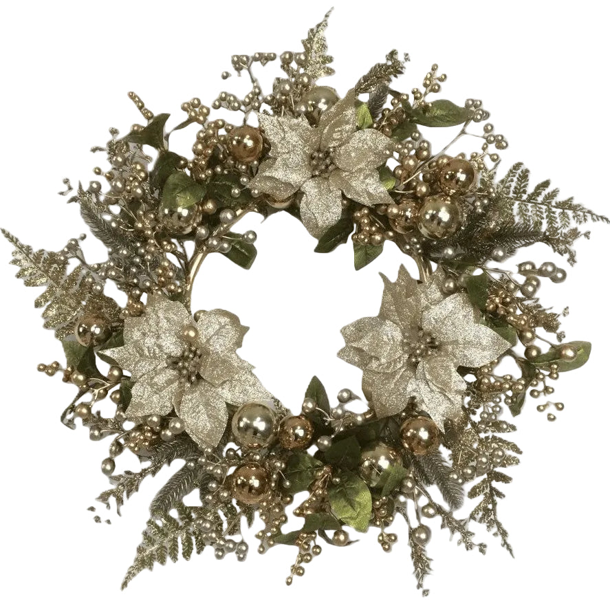 An artificial Christmas wreath featuring textured gold glitter poinsettias, metallic gold beads, green leaves, and glittering gold ferns.