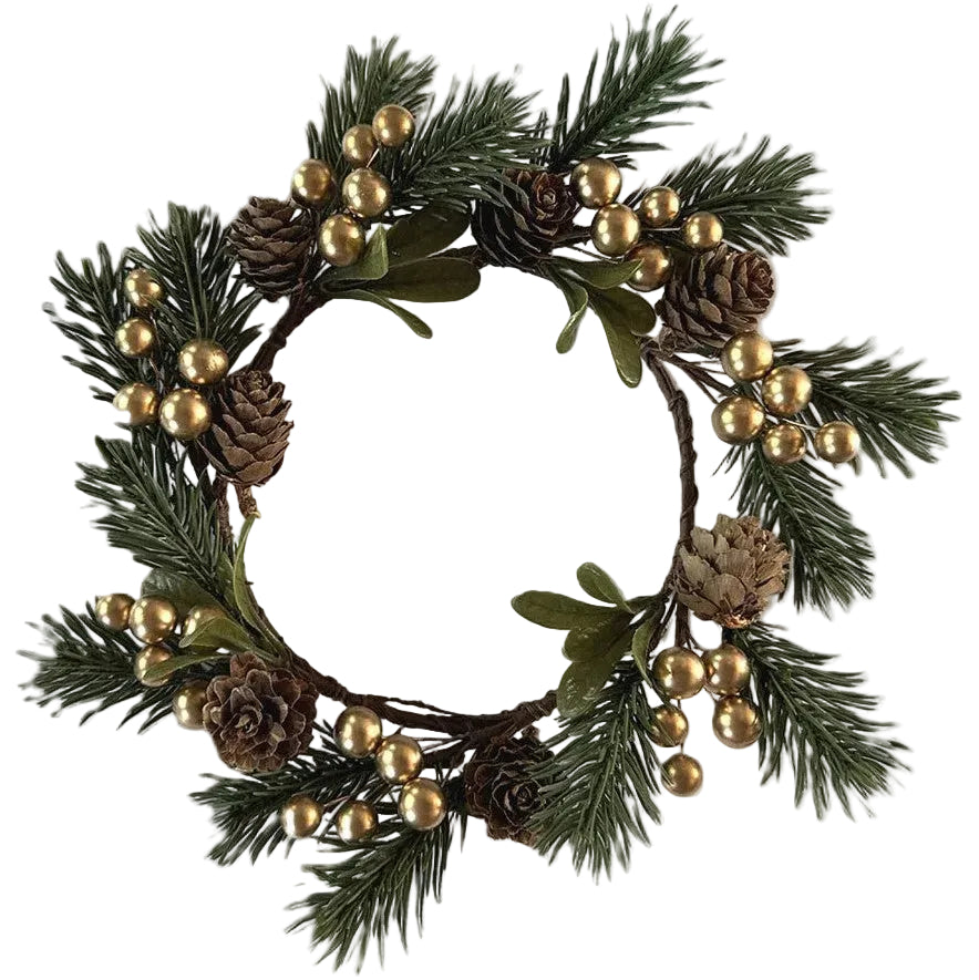 A circular holiday wreath with green pine branches, brown pinecones, and shiny gold bead accents, photographed.
