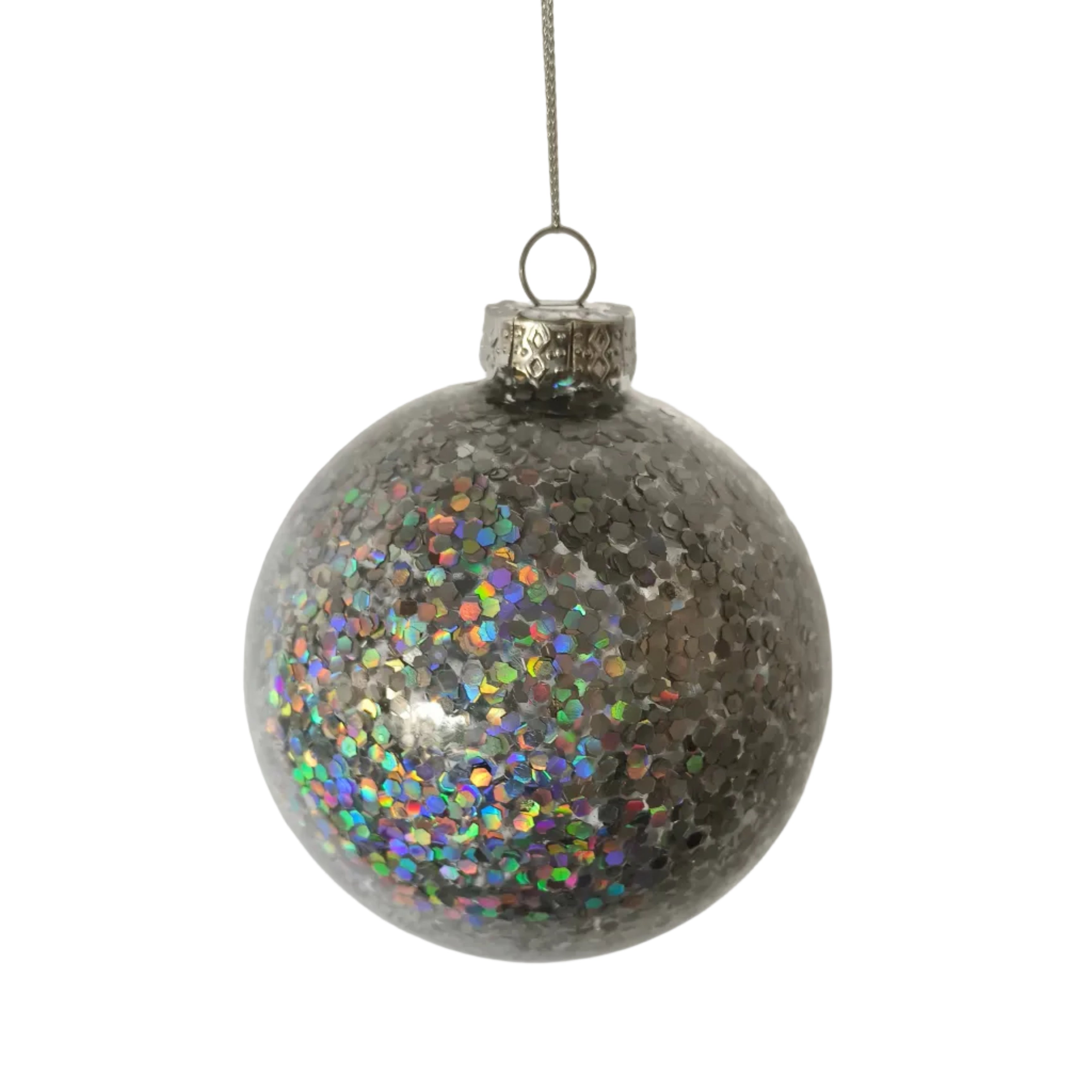 SET OF 2 LARGE SILVER GLITTER GLASS BALLS 10CM