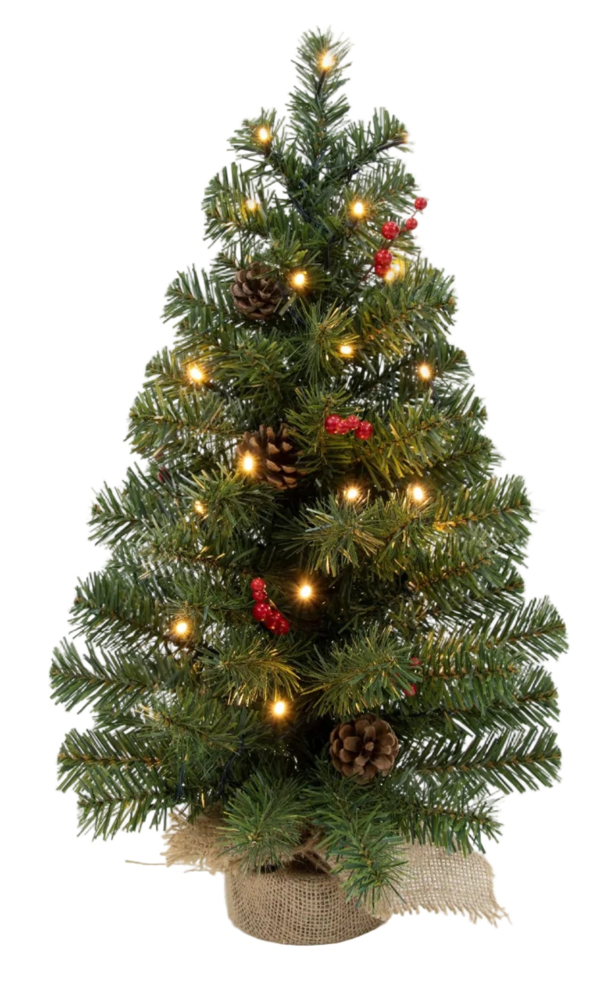 A 30 inch artificial tabletop Christmas tree with lights, red berries and pinecones, on a round base wrapped in hessian.