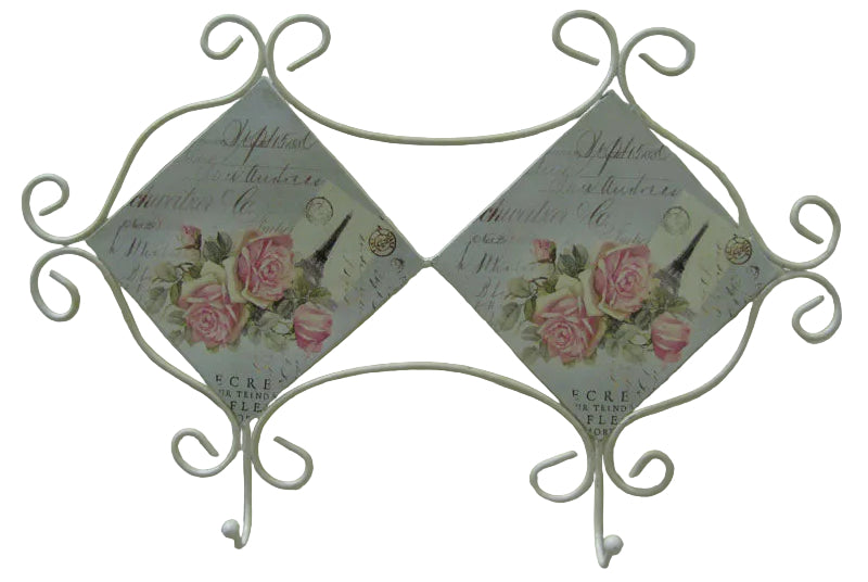 A double wall hook with a floral design, featuring a central panel with a pink rose and green leaves, with text.