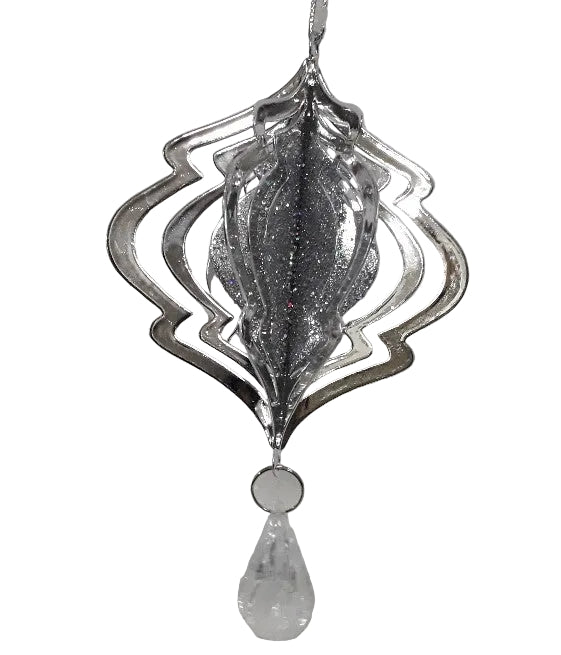A silver-colored hanging ornament with a geometric cut-out pattern and a crystal pendant at the bottom.