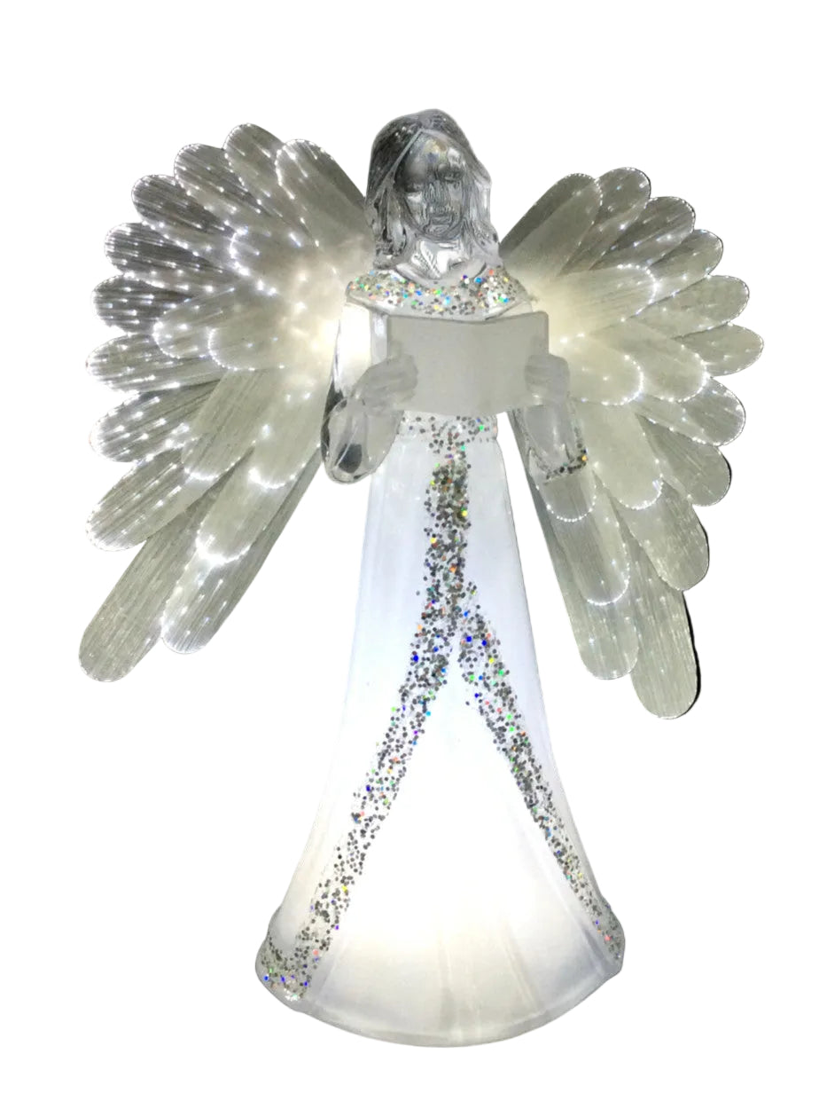 A 22cm acrylic decoration depicting a white angel with silver wings and a sparkling outfit, standing on a clear base.