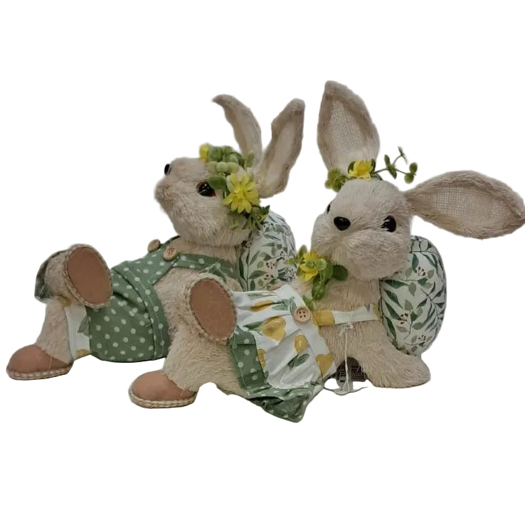 S/2 YELLOW GR 19CM LYING BUNNIES W EGG