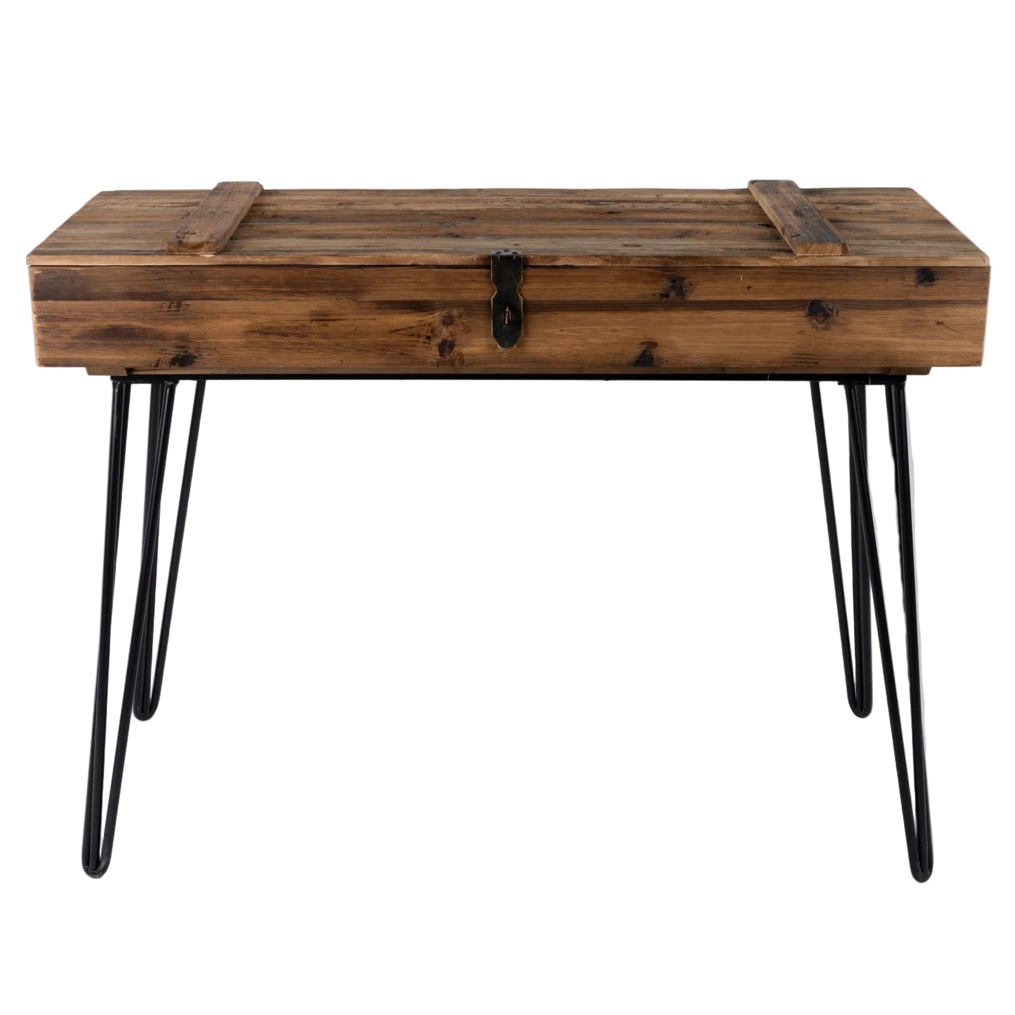 Wooden table with metal legs on a white background