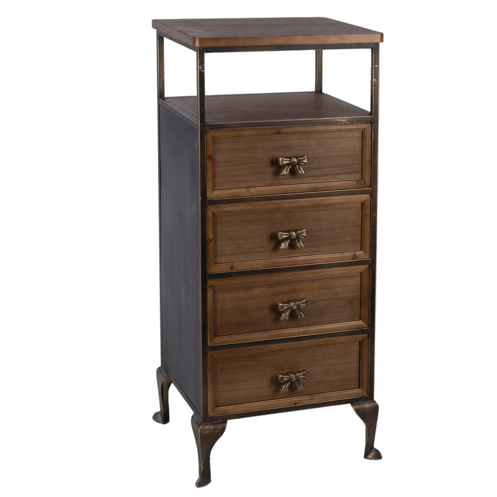 Wooden nightstand with three drawers on a white background