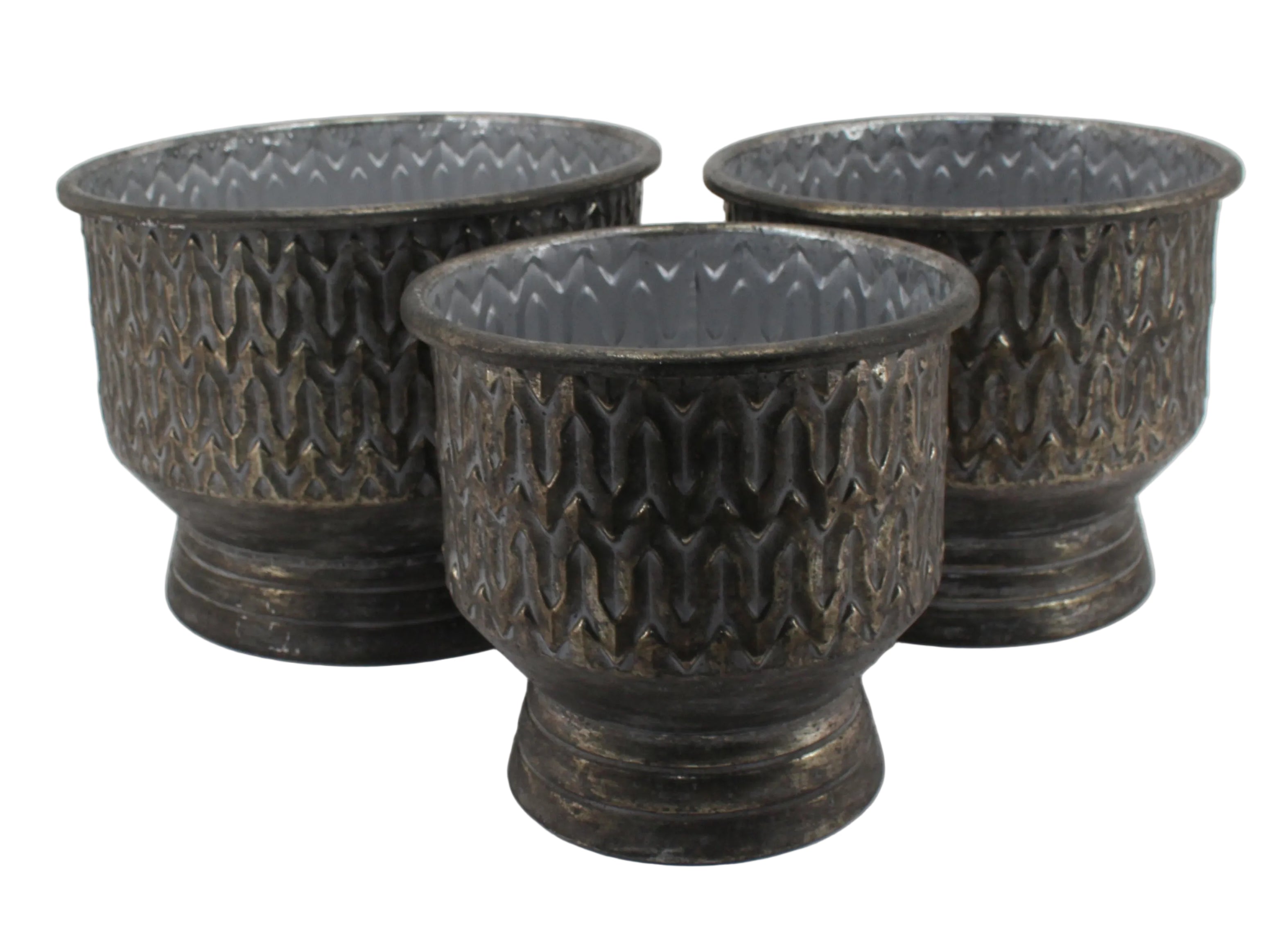 Three textured black ceramic pots on a white background