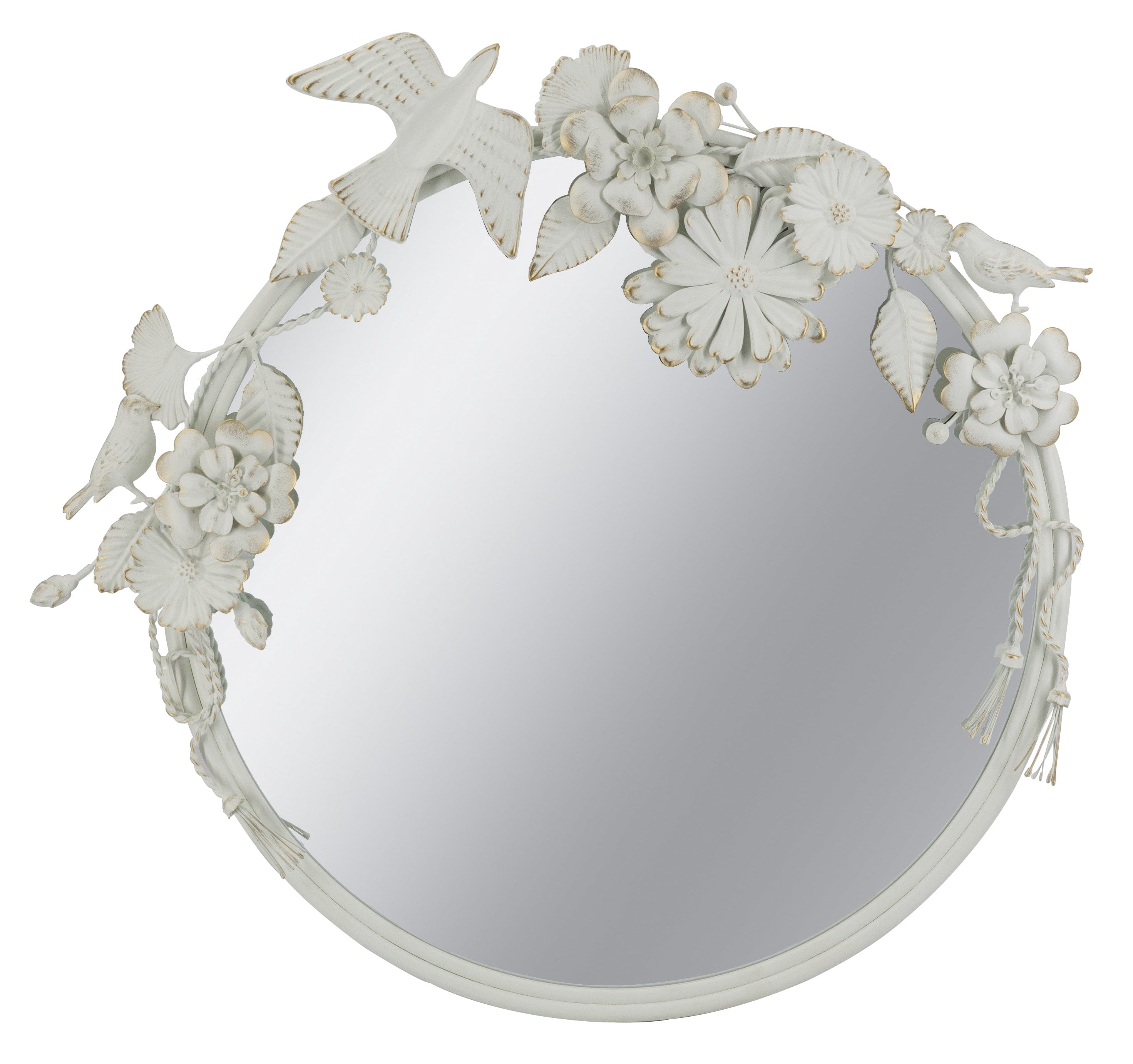 Decorative round mirror with floral and bird designs