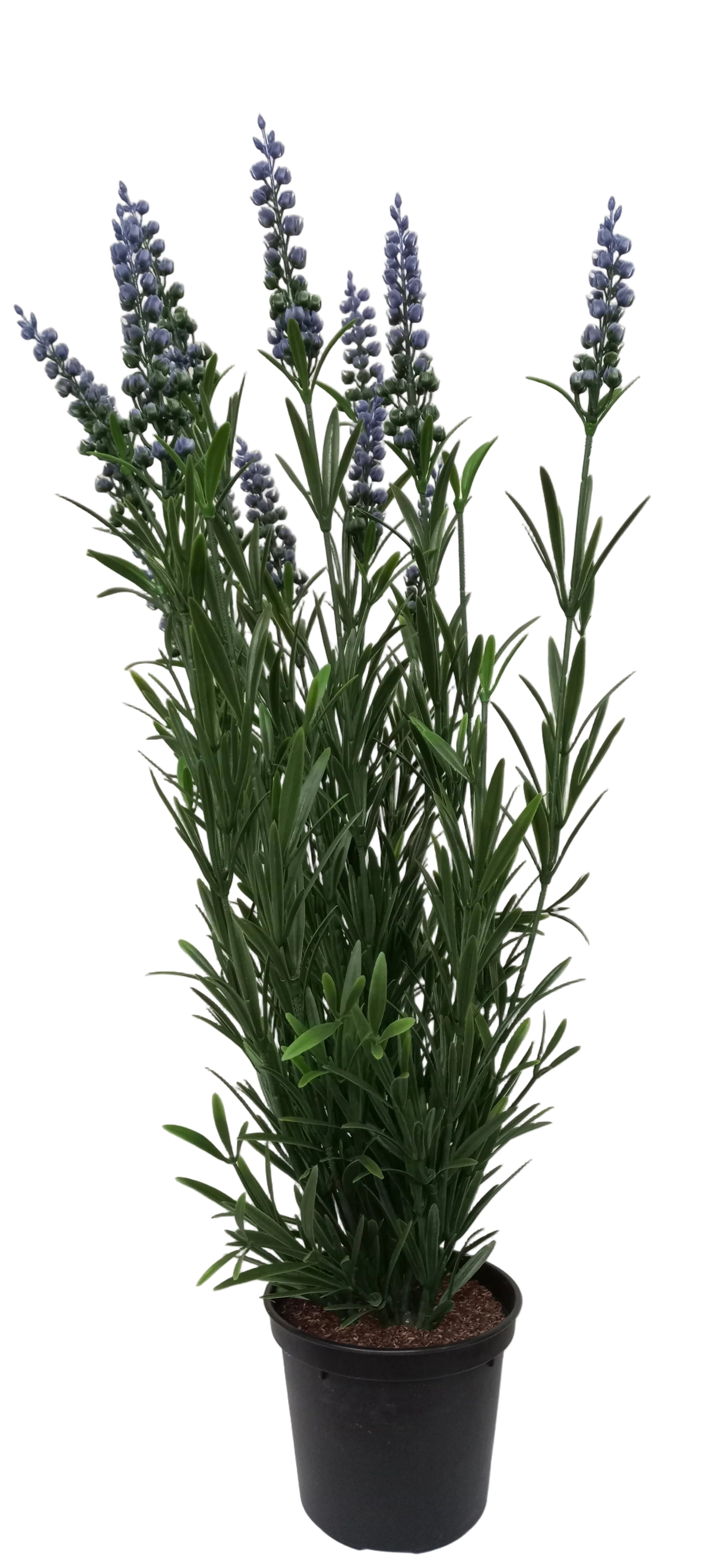 An artificial potted plant of lavender, featuring tall green stems with purple-blue flower spikes, planted in a black plastic nursery pot against a white background.