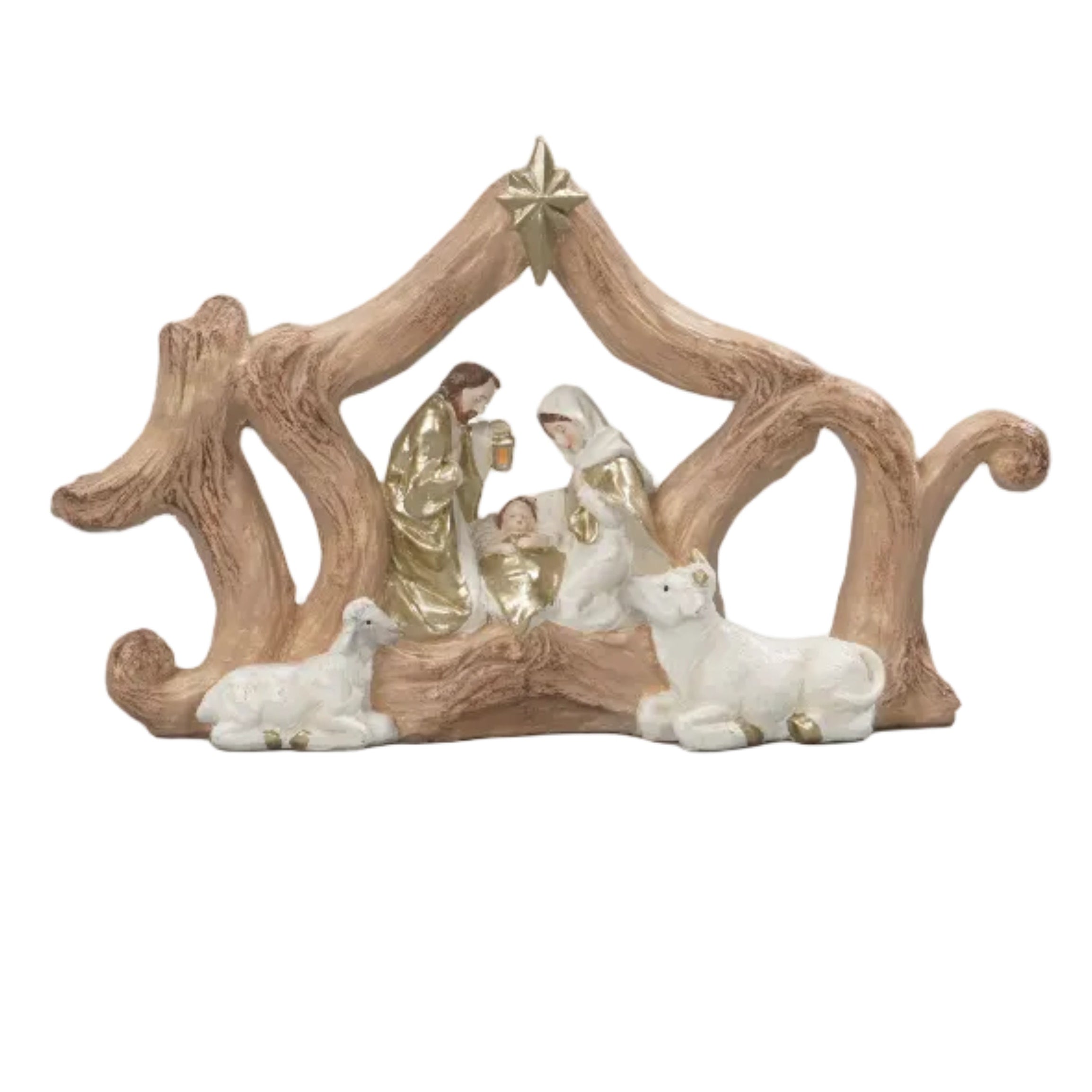 Decorative driftwood with small figurines on a white background