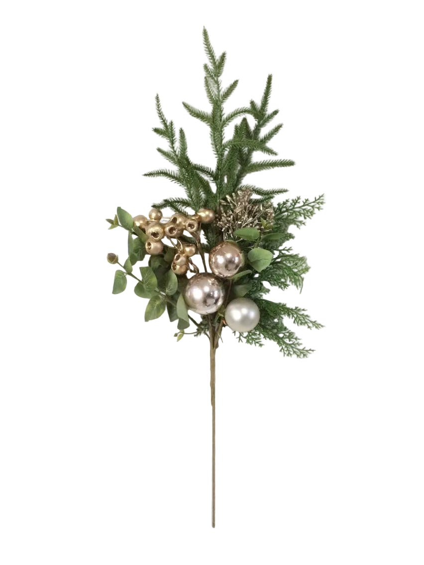 Decorative floral arrangement with greenery, gold berries, and white pearls on a light background