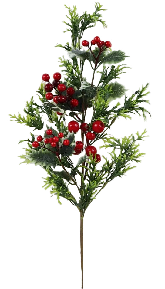 A 21-inch long artificial holly berry spray with green leaves and red berries.