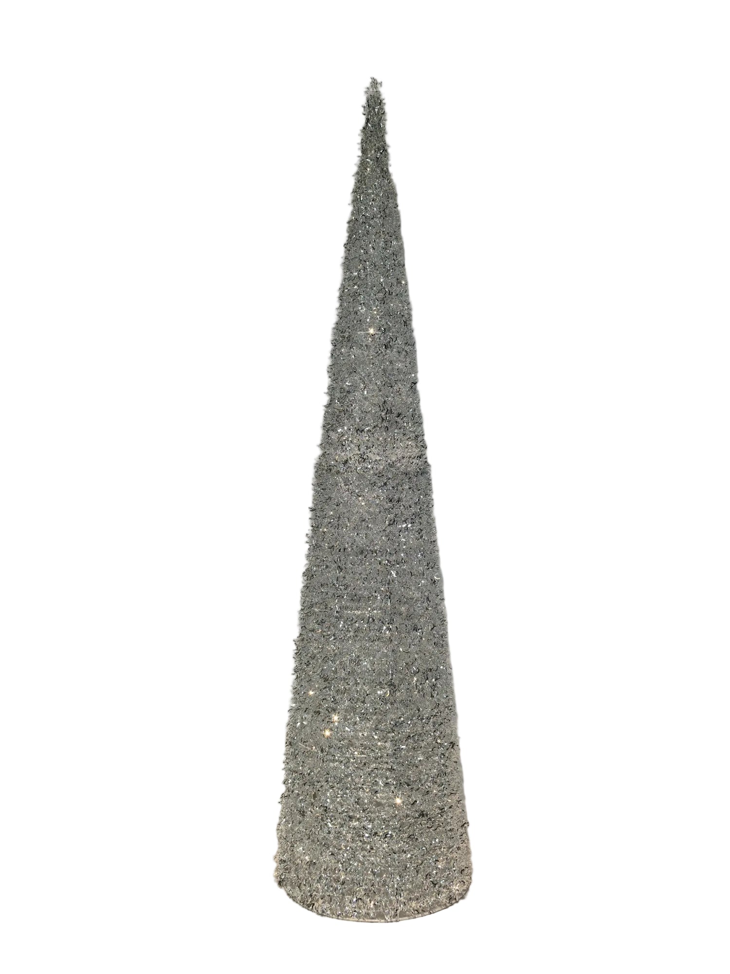 Tall, cone-shaped decorative tree with a glittery finish on a white surface.