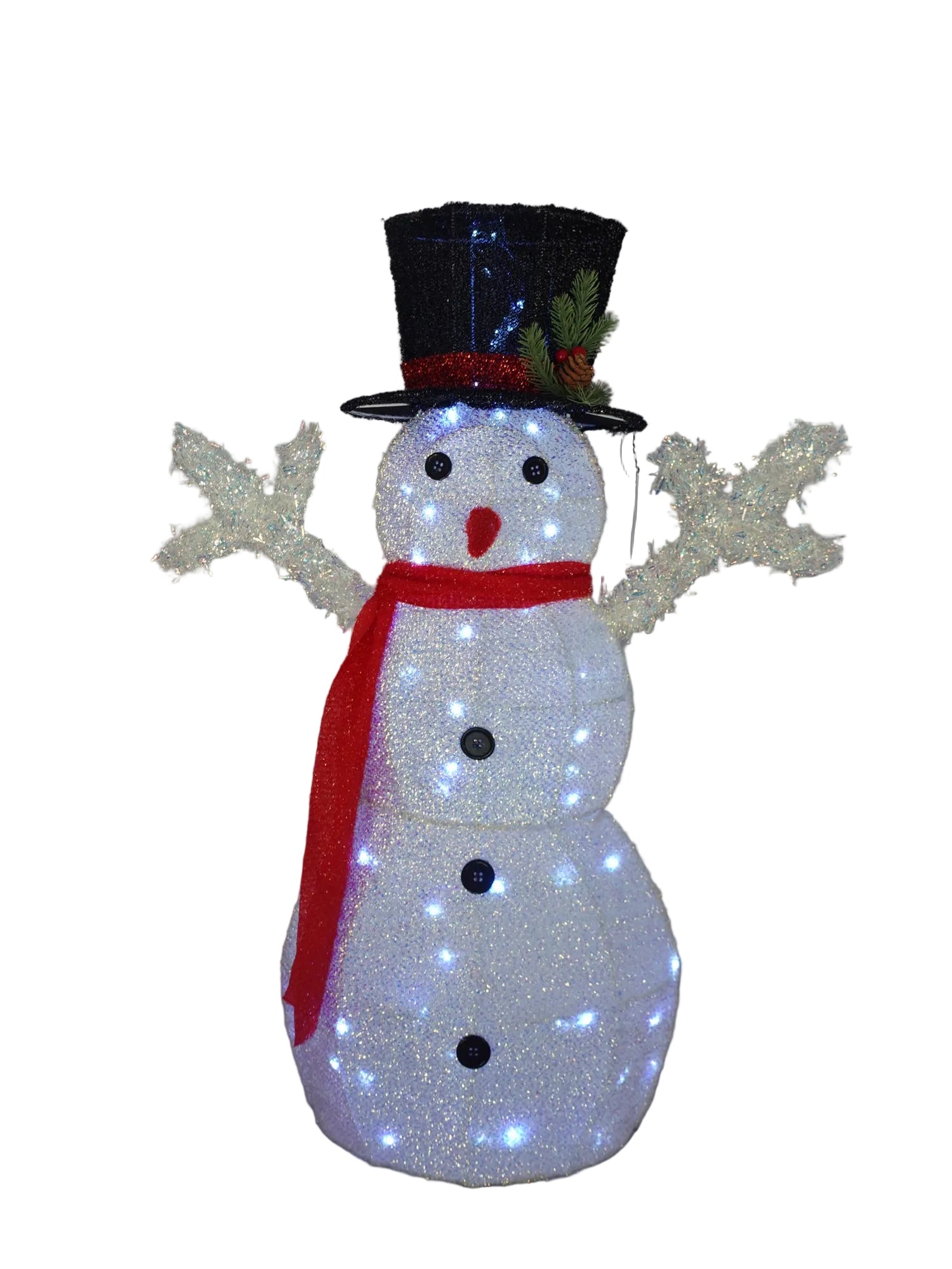 Decorative snowman with LED lights on a plain background