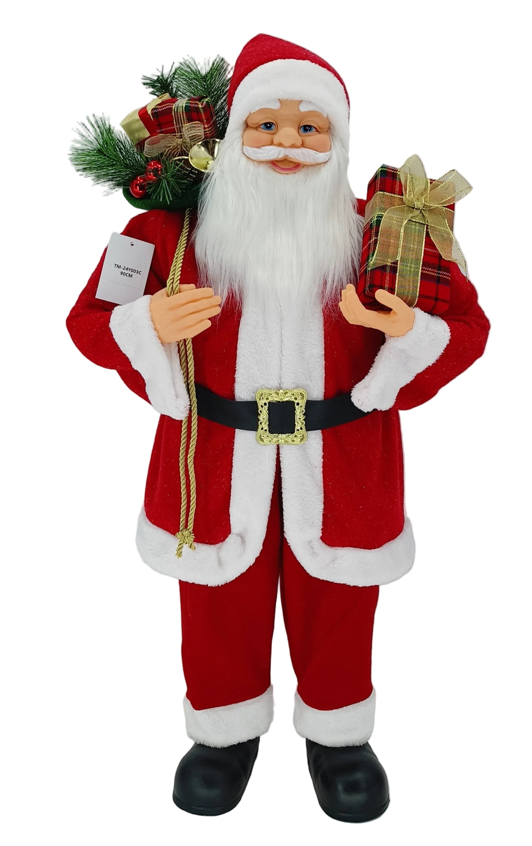 A red standing Santa Claus figure holding a Christmas tree and gifts.